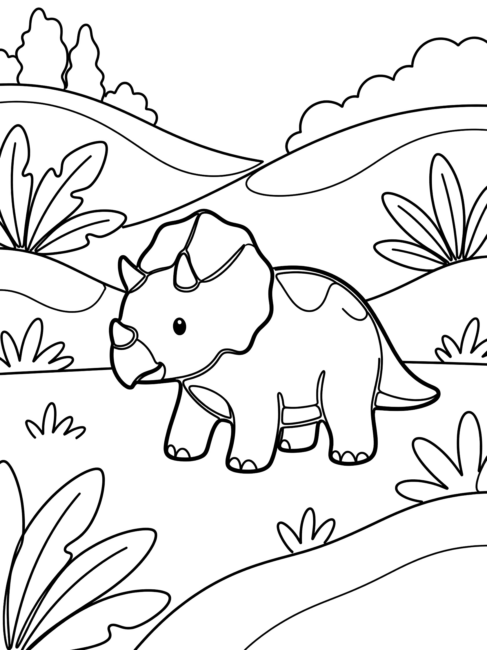 Black and white coloring page of a cute baby triceratops hatchling standing on ground with hills, large plants, and leaves in the background.