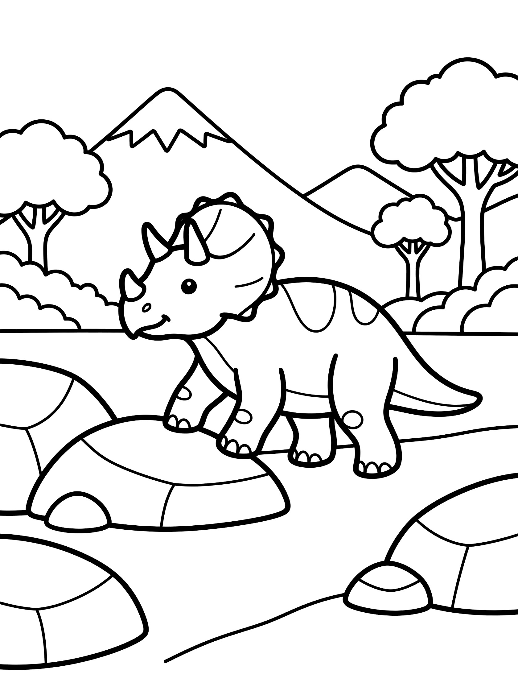 Black and white line art of a baby triceratops dinosaur standing on large rocks, with simple trees and pointy mountains in the background.
