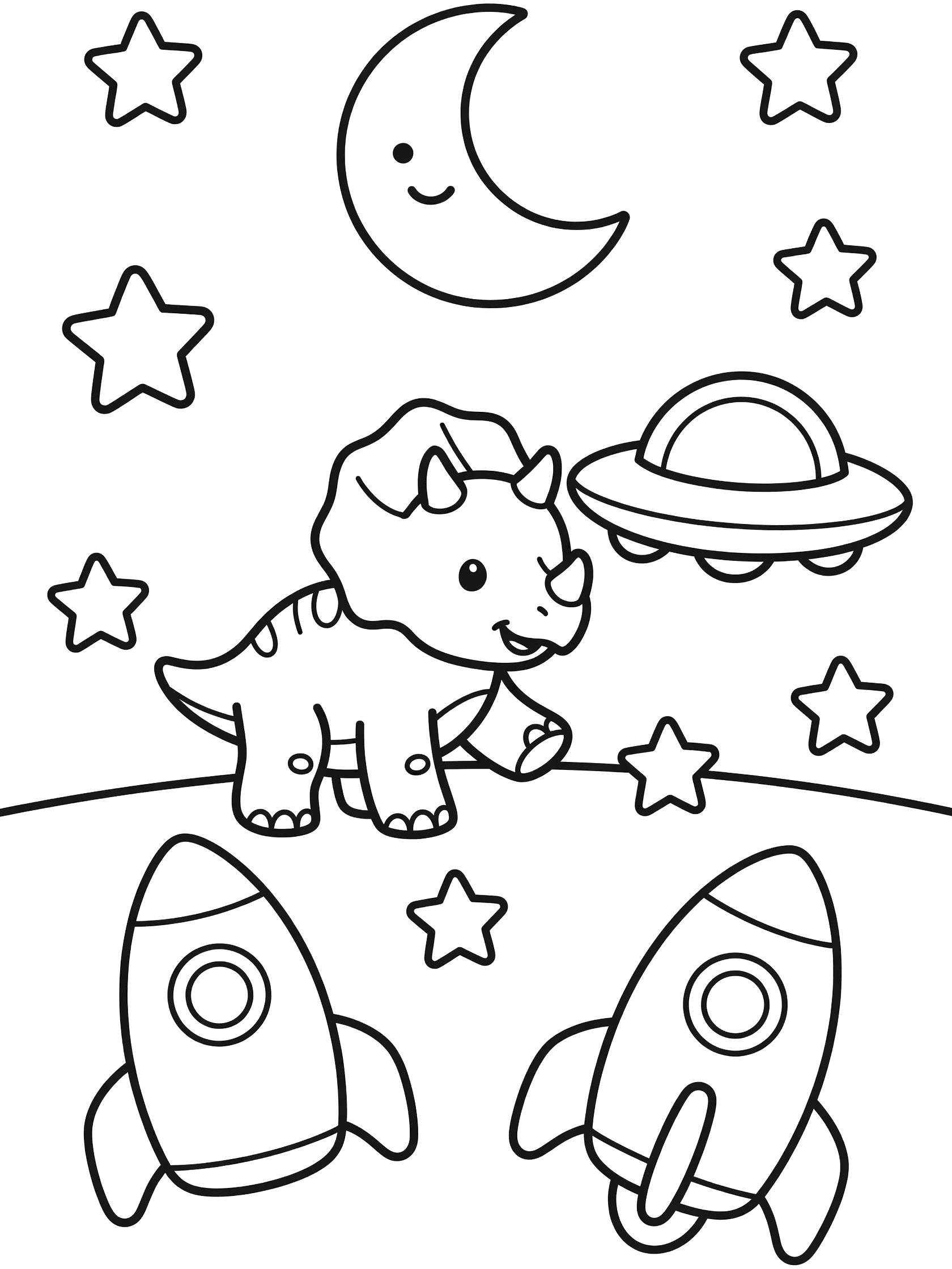 Black and white coloring page showing a baby triceratops hatchling standing with rockets and a UFO, stars and smiling moon in the space background