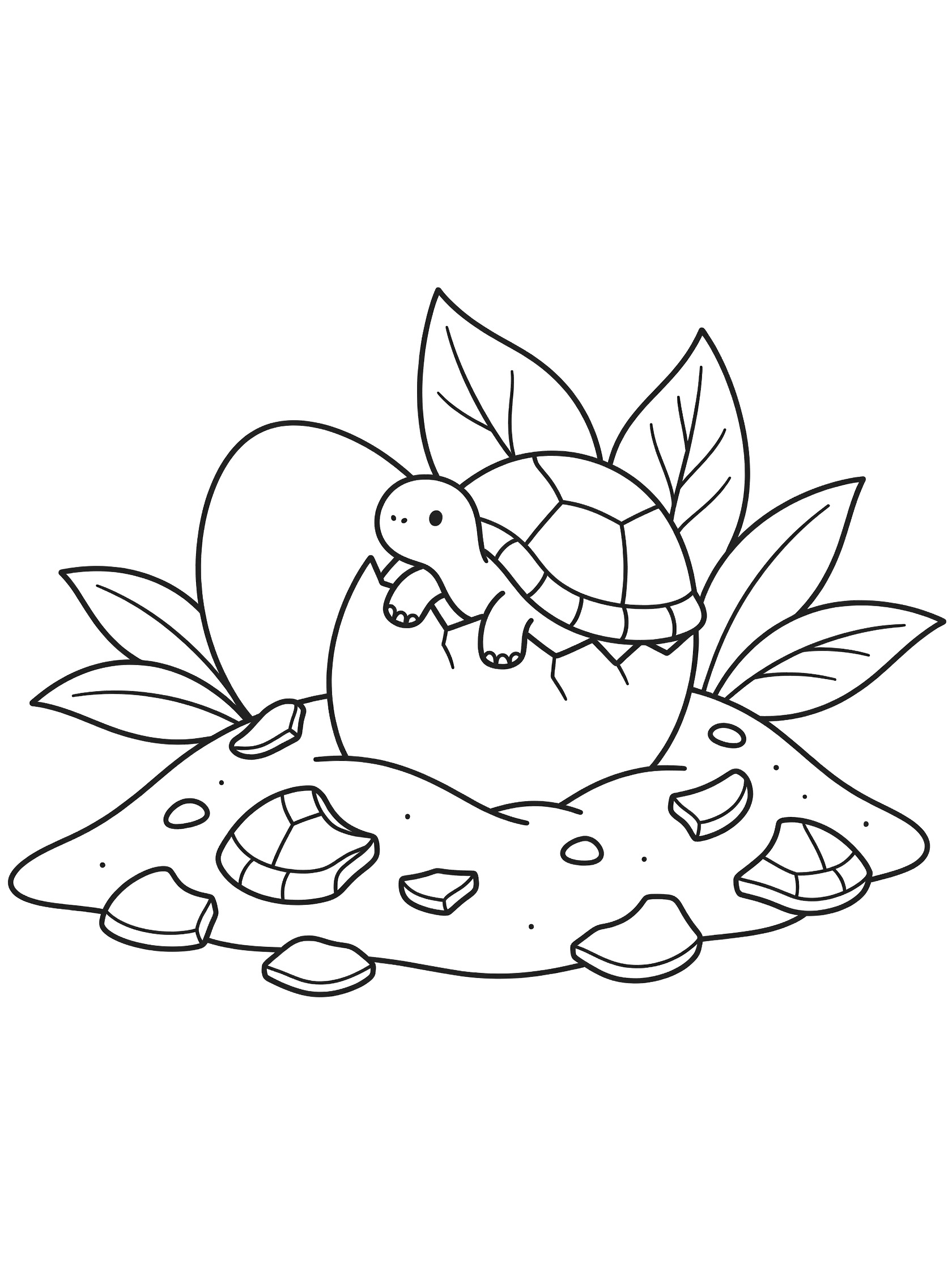 Black and white line art coloring page showing a baby turtle hatching out of a cracked egg on sand with scattered shell fragments and nearby leaves. Tortoise themed black and white printable line art