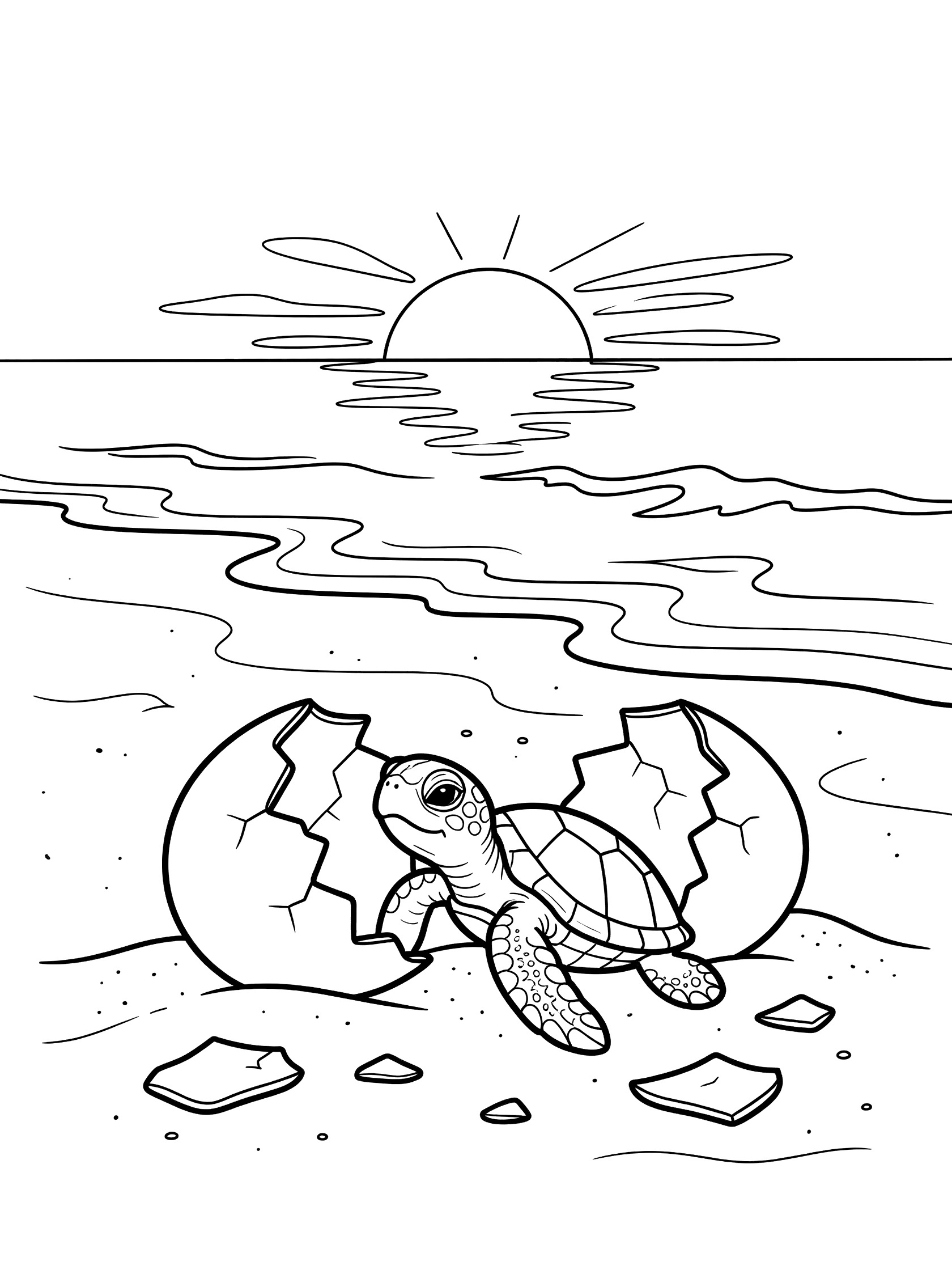 Black and white line art coloring page showing a baby sea turtle hatching from a broken egg on sandy beach with ocean waves and setting sun in the background