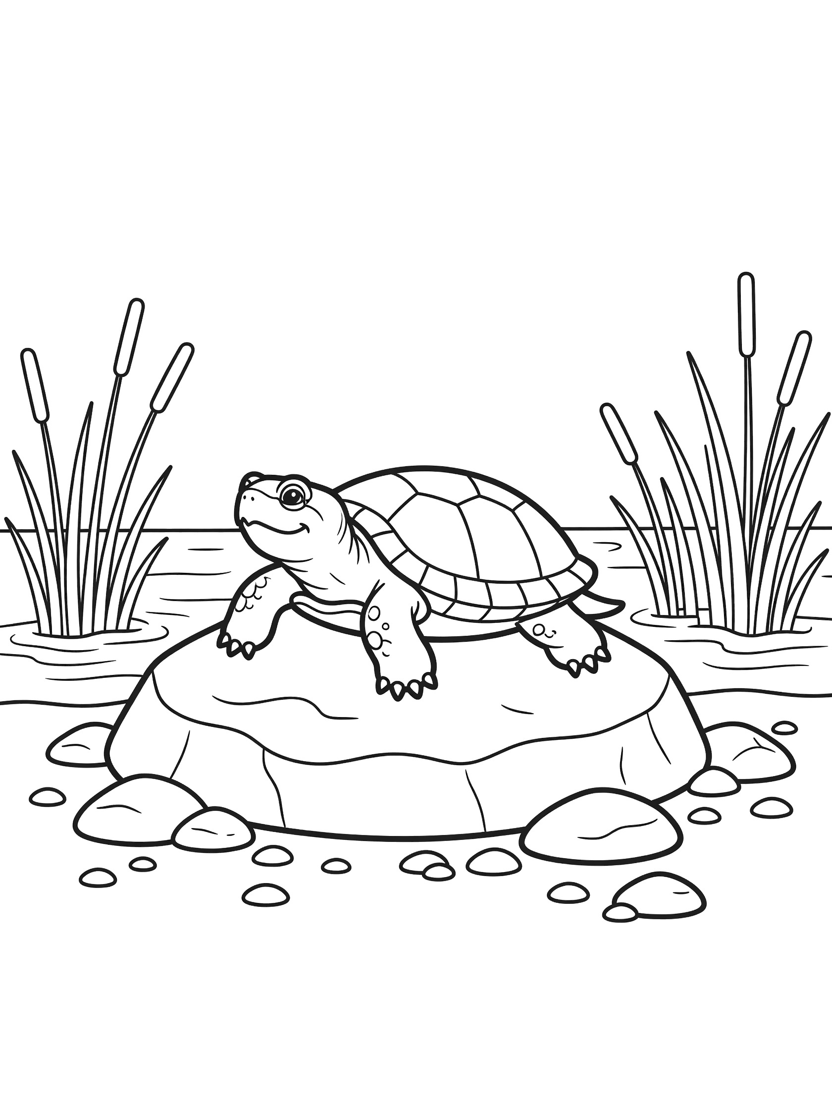 Black and white line art coloring page showing a baby turtle on a rock surrounded by water, reeds, and small pebbles. Snapping Turtle themed black and white printable line art