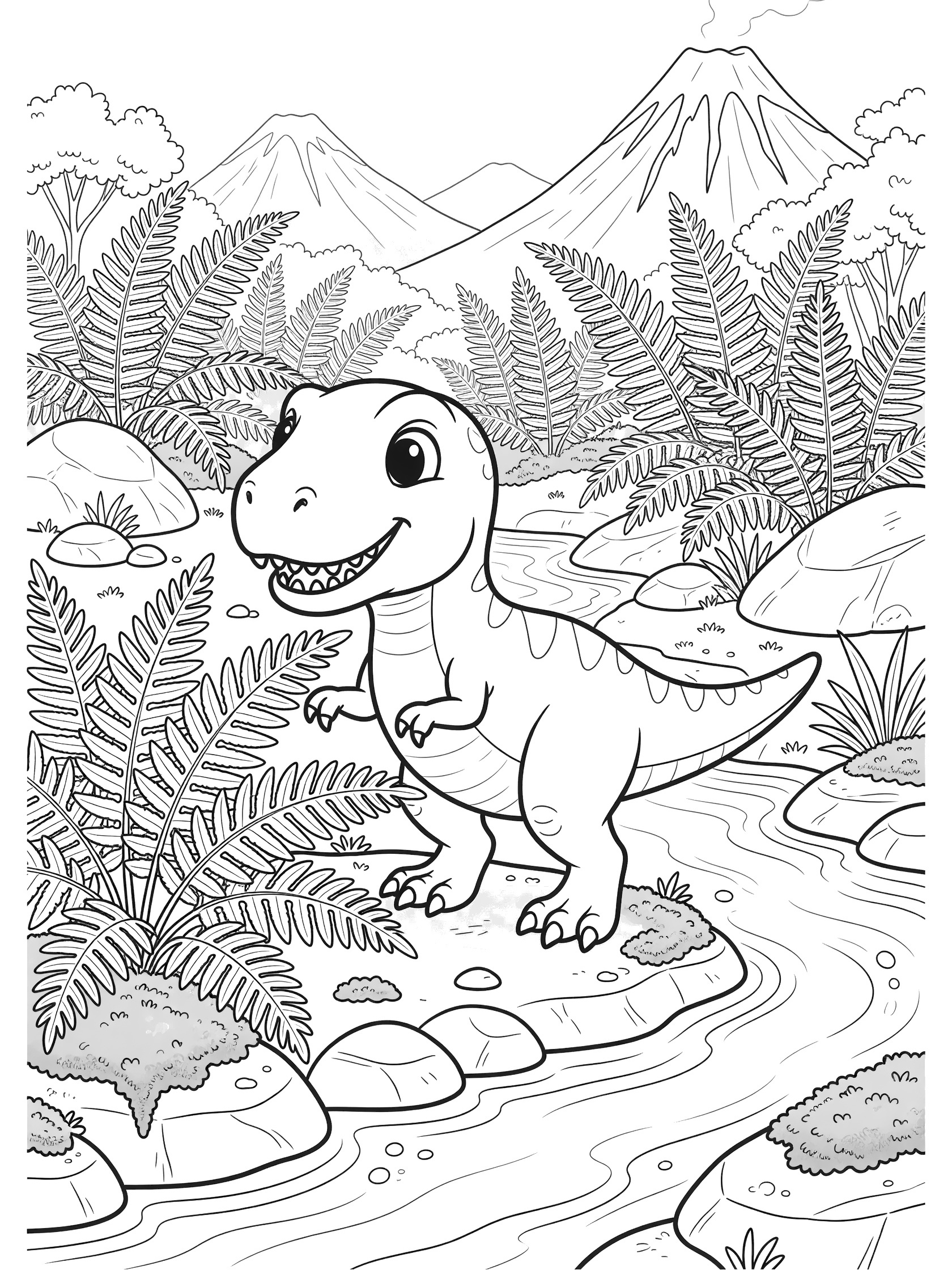 Cute baby Tyrannosaurus rex coloring page with big eyes and tiny arms peeking around giant fern in lush jungle by stream, rocks, and distant volcanoes.