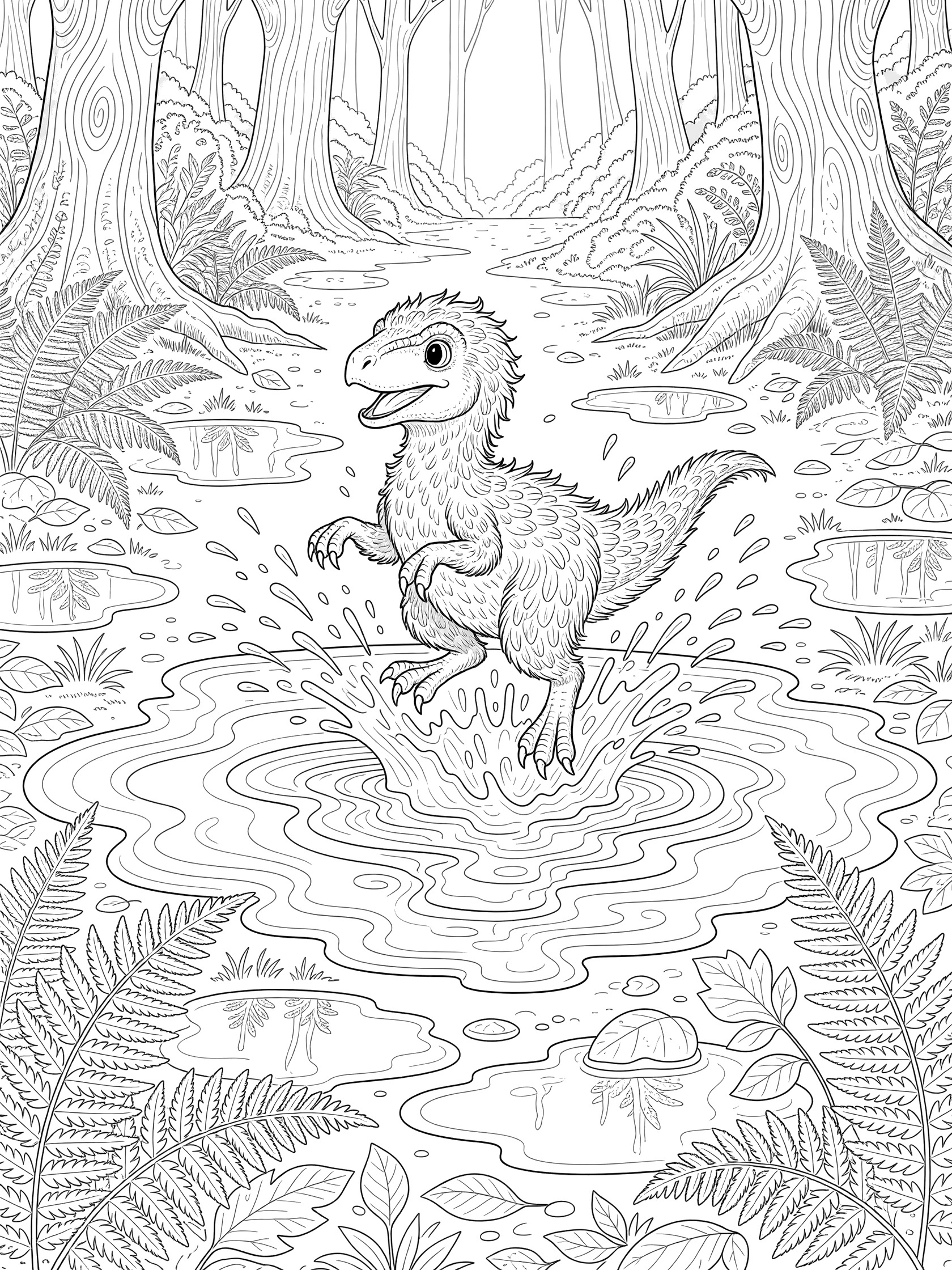 Cute baby velociraptor with feathers leaping in a big puddle, splashing water with clawed feet, surrounded by wet ferns, leaves, rain puddles and misty forest trees in detailed line art.
