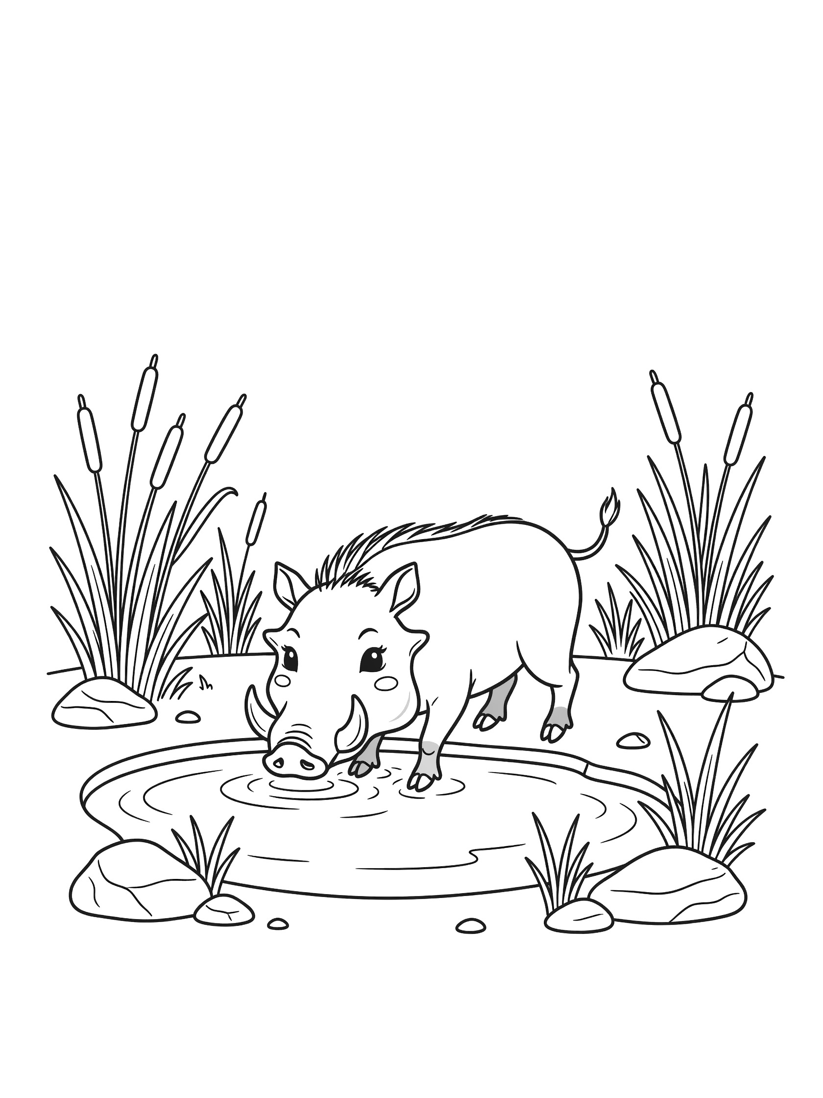 Black and white line art coloring page showing a kawaii baby warthog with big eyes drinking from a round puddle surrounded by tall reeds and rocks