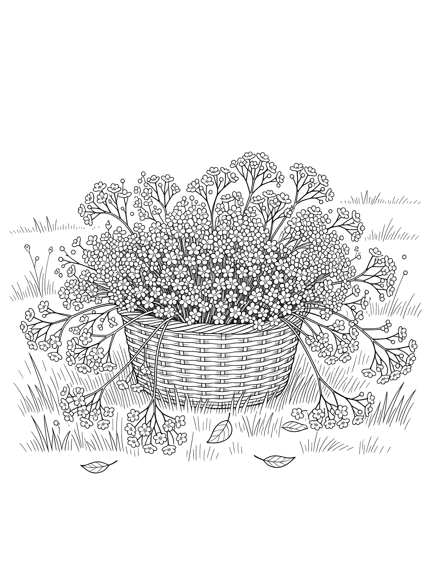 Black and white line art of a woven basket overflowing with clusters of baby's breath flowers surrounded by grass and leaves. Bouquets themed black and white printable line art
