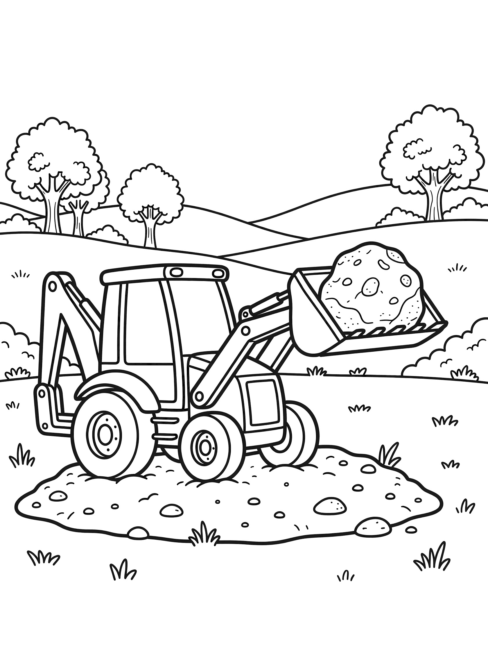 Printable coloring page showing a cheerful backhoe with extendable arm and open bucket lifting a large rock on a dirt mound with pebbles, grass, trees, and hills.