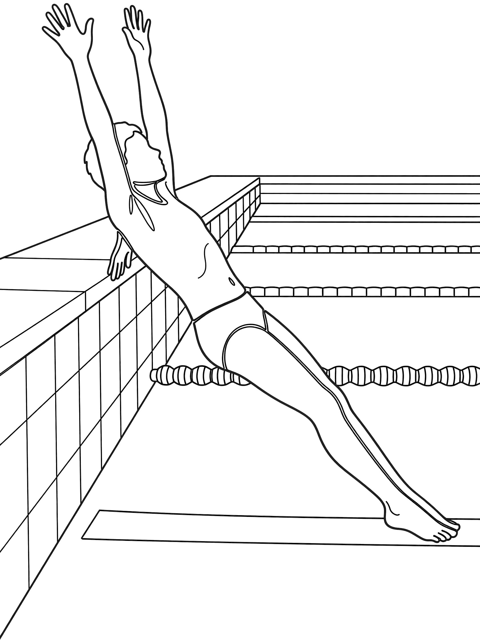 Black and white line drawing of a kid swimmer pushing off the pool wall in backstroke with arched body, extended arms, straight legs, and lane ropes visible.