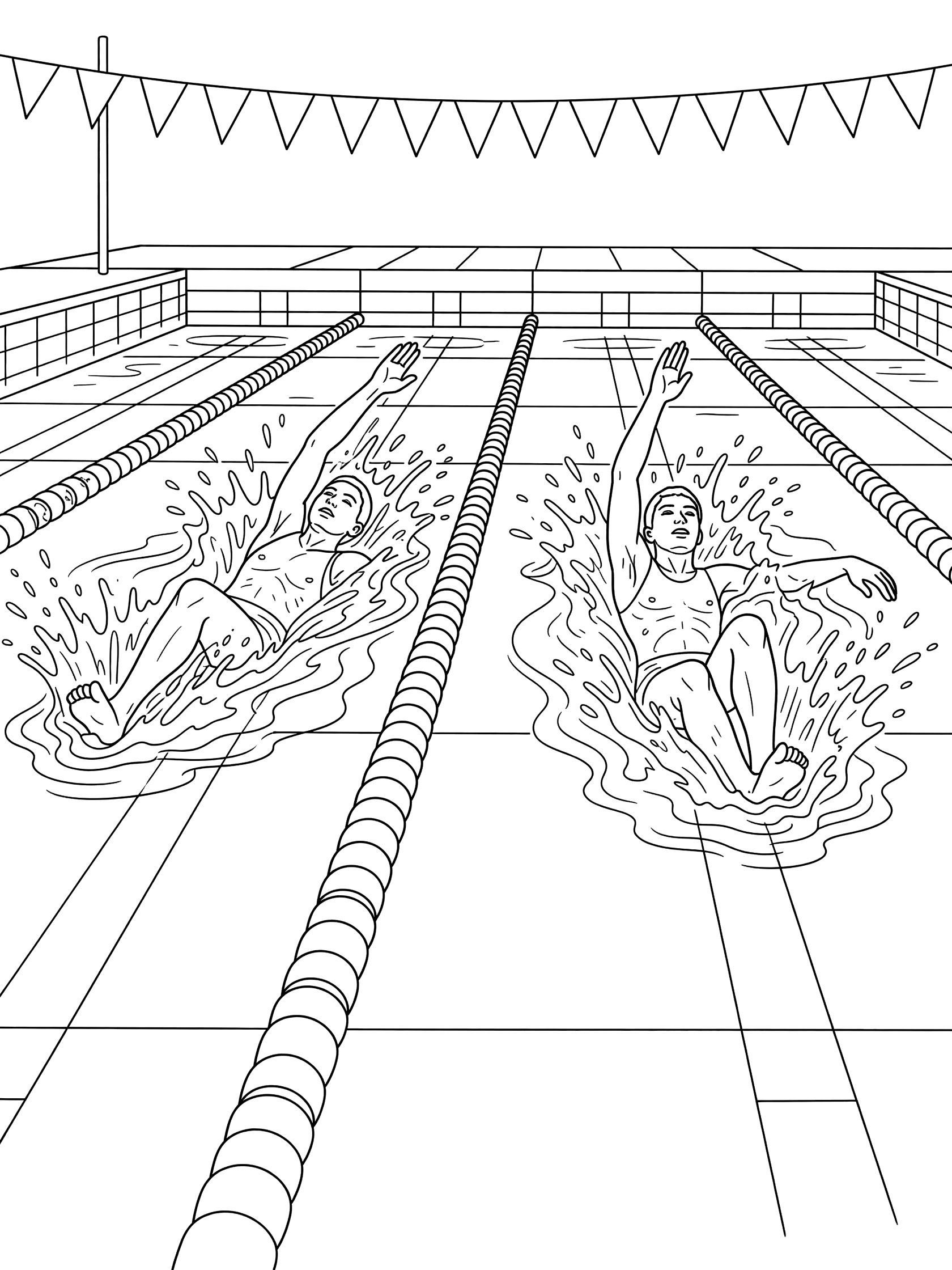 Black and white line art of two swimmers in a backstroke race, one leading with arm extended and legs sculling, lane ropes and overhead flags in the pool.