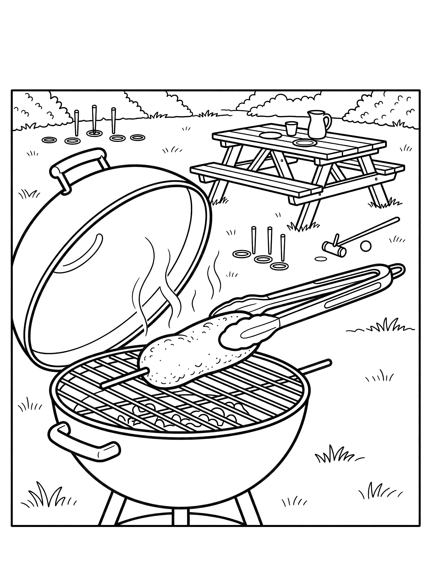 Black and white line art of a corn dog cooking on an open barbecue grill with tongs flipping it, picnic table with cups, croquet game, and backyard grass.
