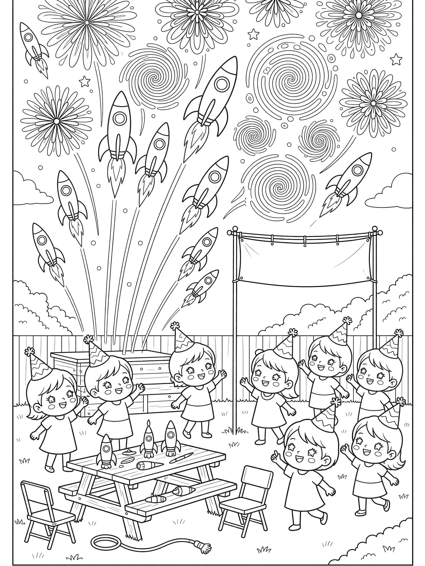 Cute kawaii coloring page showing children with party hats around a picnic table in the backyard, launching fireworks rockets that explode into flower and spiral patterns in the sky.
