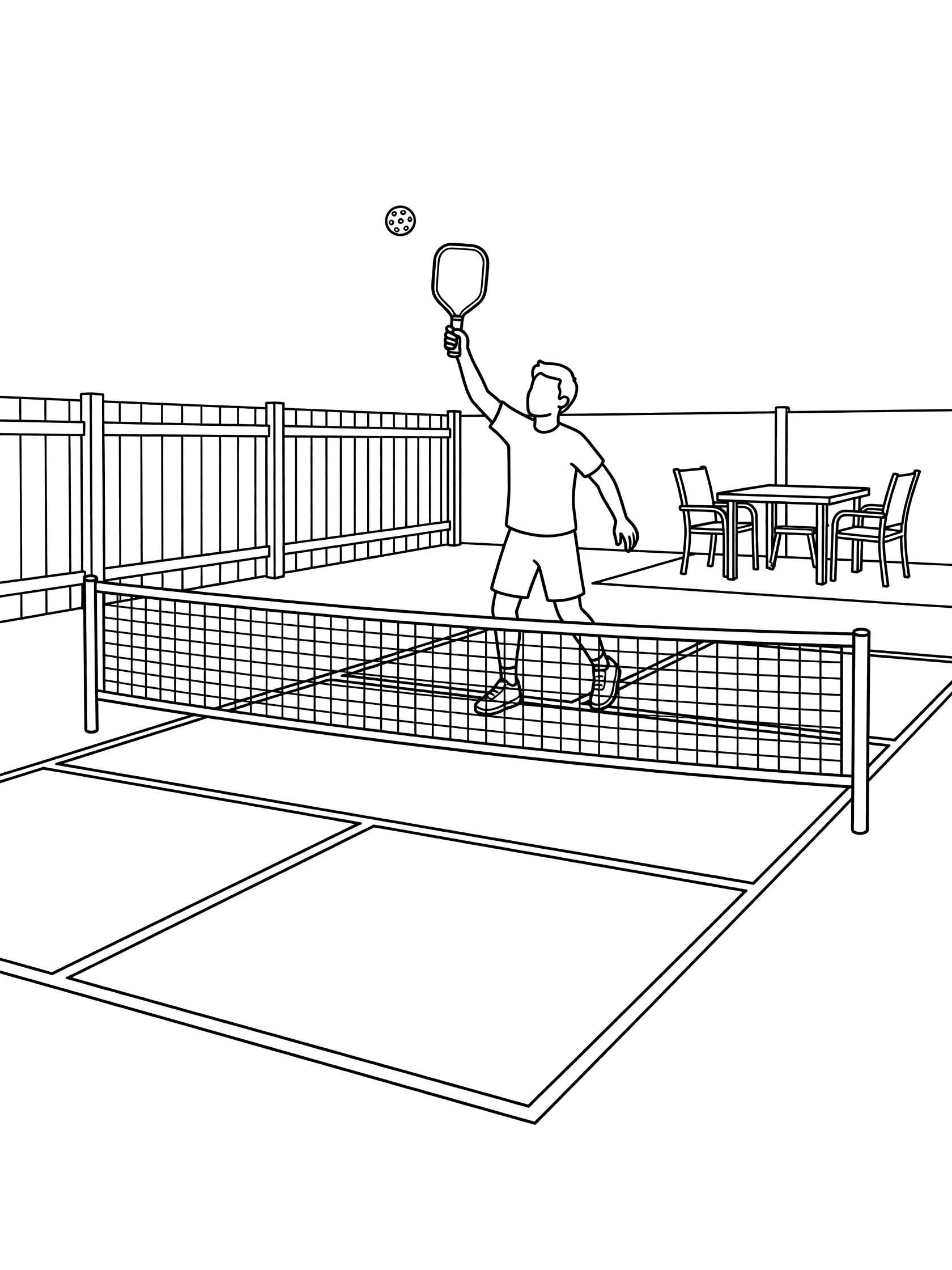 Black and white line art of a pickleball player on a backyard court stretching for an overhead smash return of a high lob ball, with net, taped lines, fence, and patio furniture.