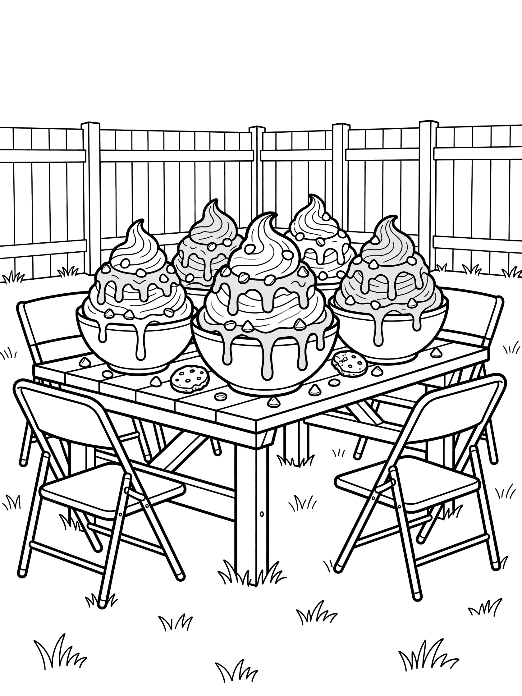 Black-and-white line art coloring page showing three mint sundaes with swirls, chocolate chips, and cookies in bowls on a wooden picnic table surrounded by lawn chairs, grass, and a backyard fence.