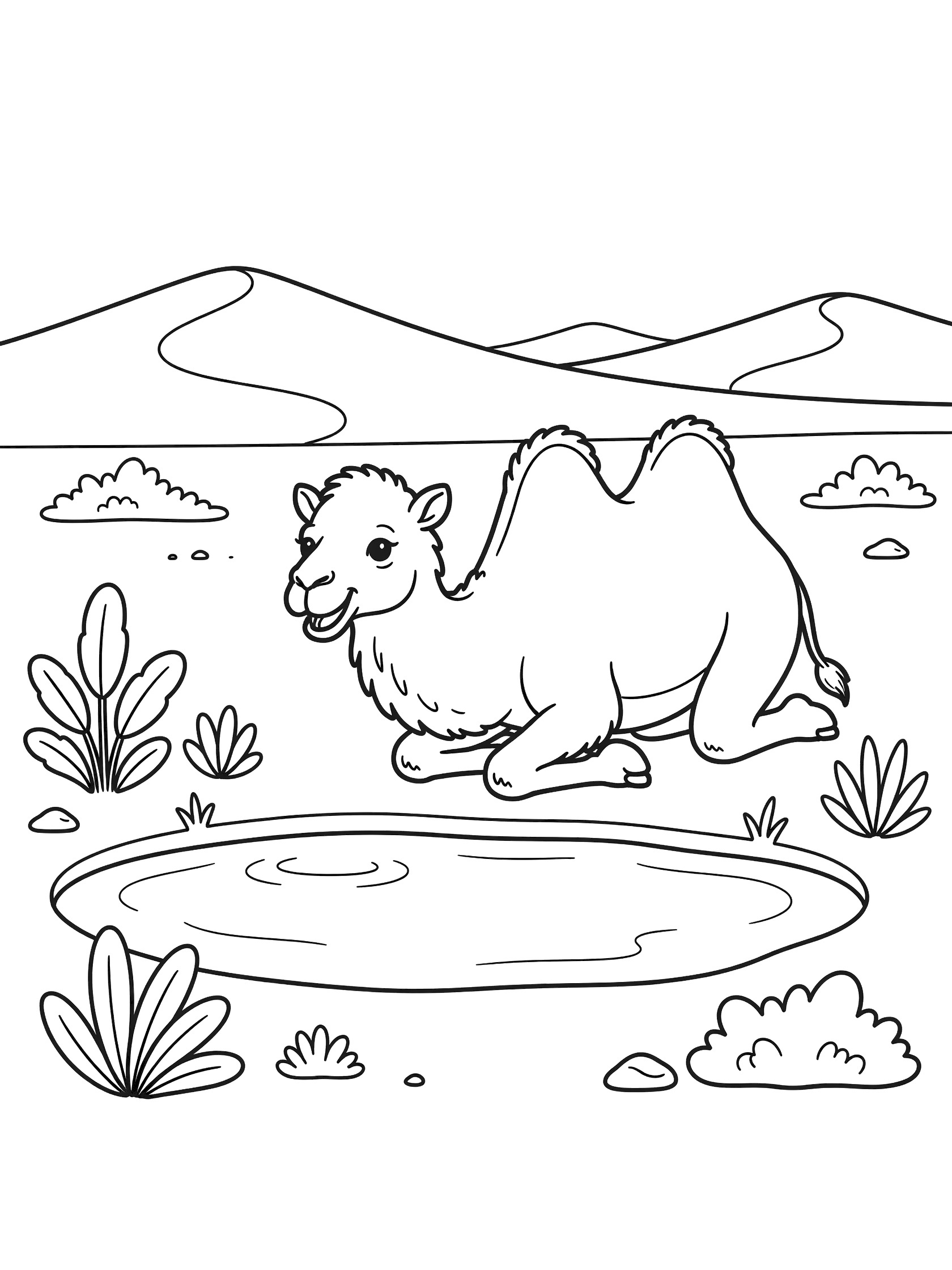 Black-and-white coloring page of a Bactrian camel with two humps drinking at a Gobi Desert oasis, surrounded by sparse plants and sandy dunes.