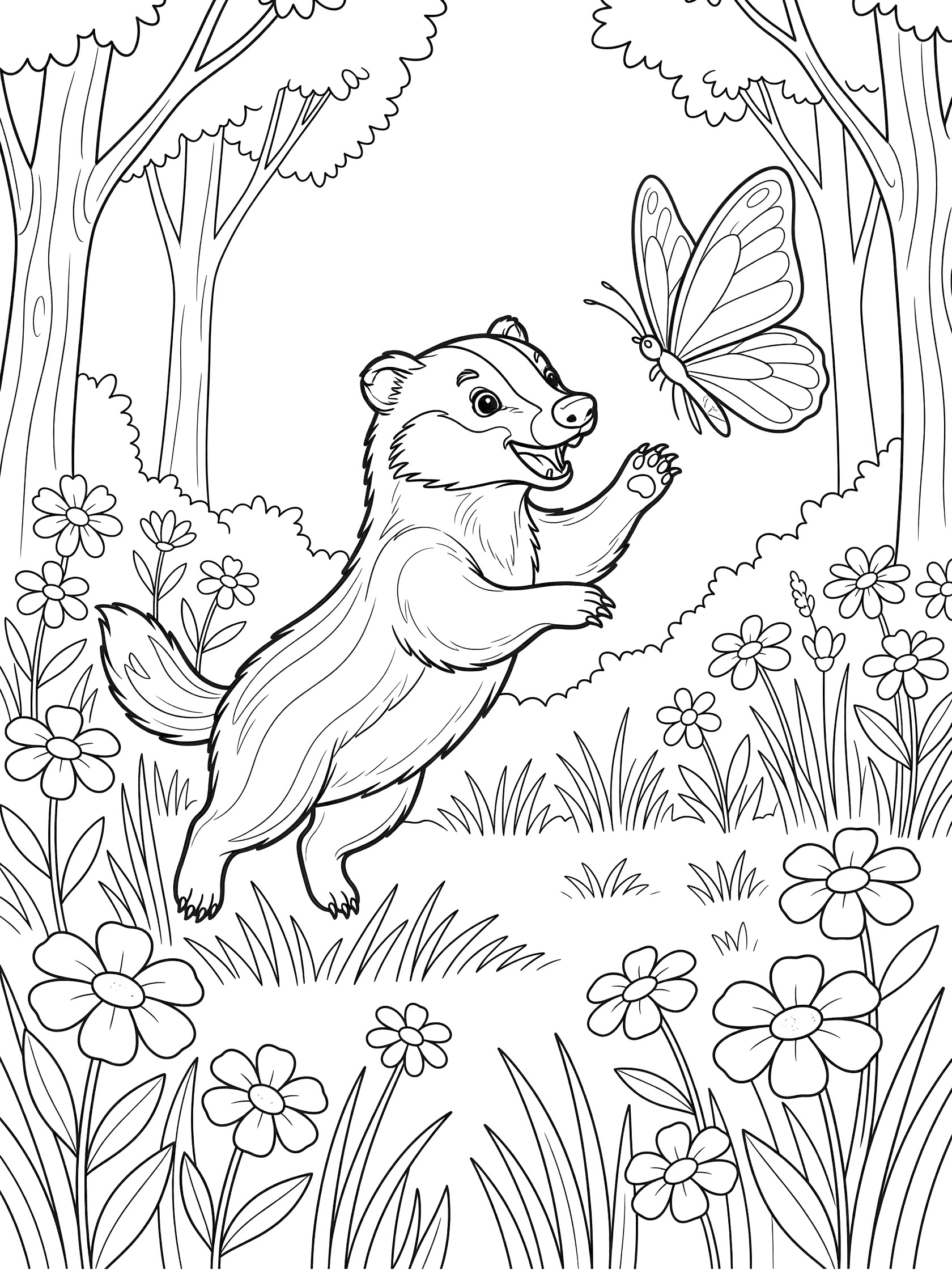 Printable coloring page showing a playful badger jumping after a big butterfly amid forest trees, flowers, and grasses
