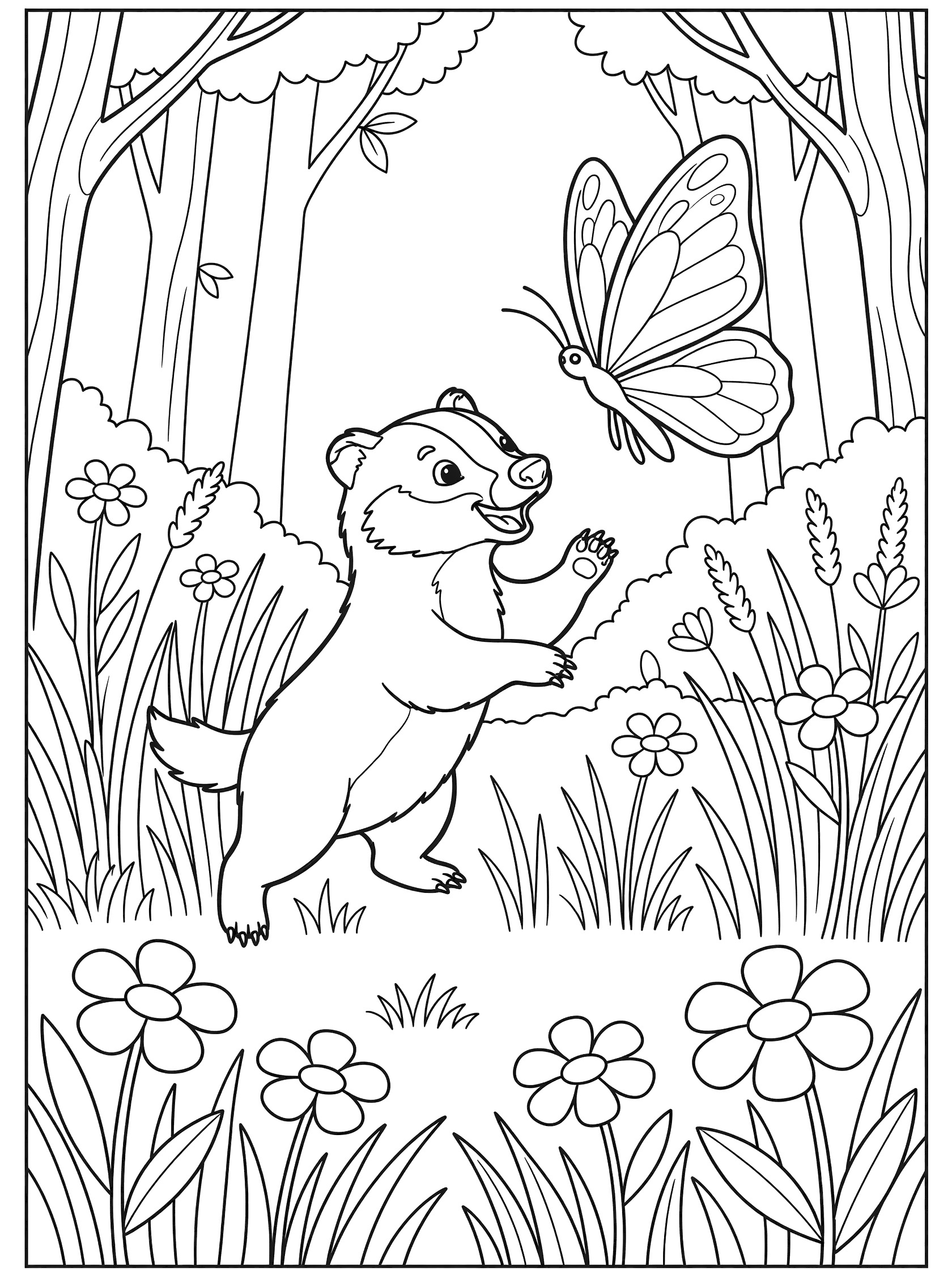 Black and white line art coloring page showing a playful badger on hind legs reaching with paw for a large butterfly in a sunny forest glade with flowers and grasses.