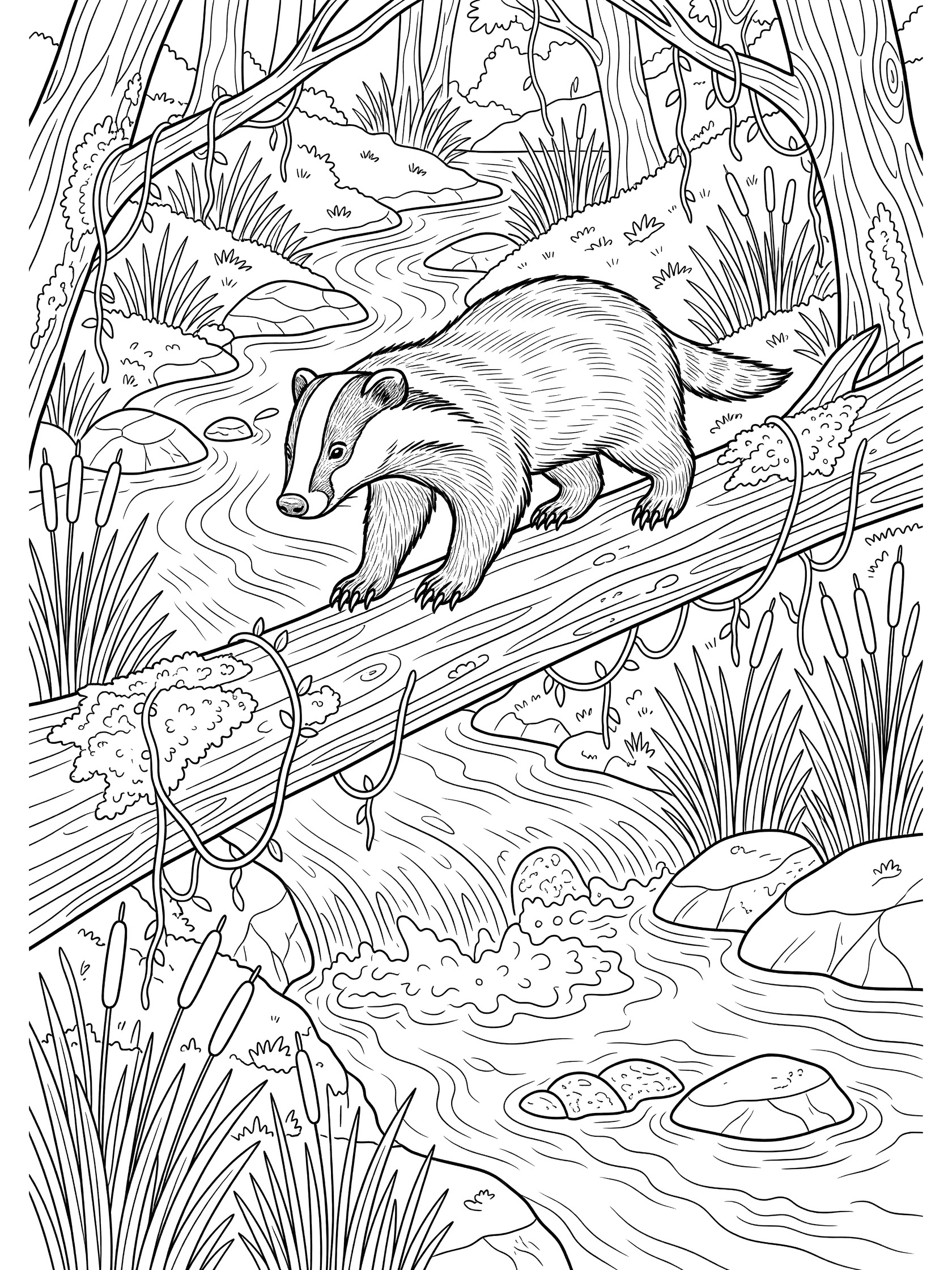 Black and white line art coloring page showing a badger balancing on a fallen log over a stream surrounded by rocks, reeds, vines, and trees.