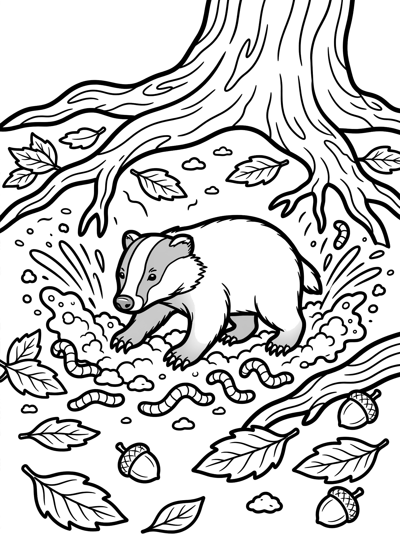 Black and white line art coloring page showing a badger energetically digging under tree roots with flying dirt piles, worms, forest leaves and acorns.