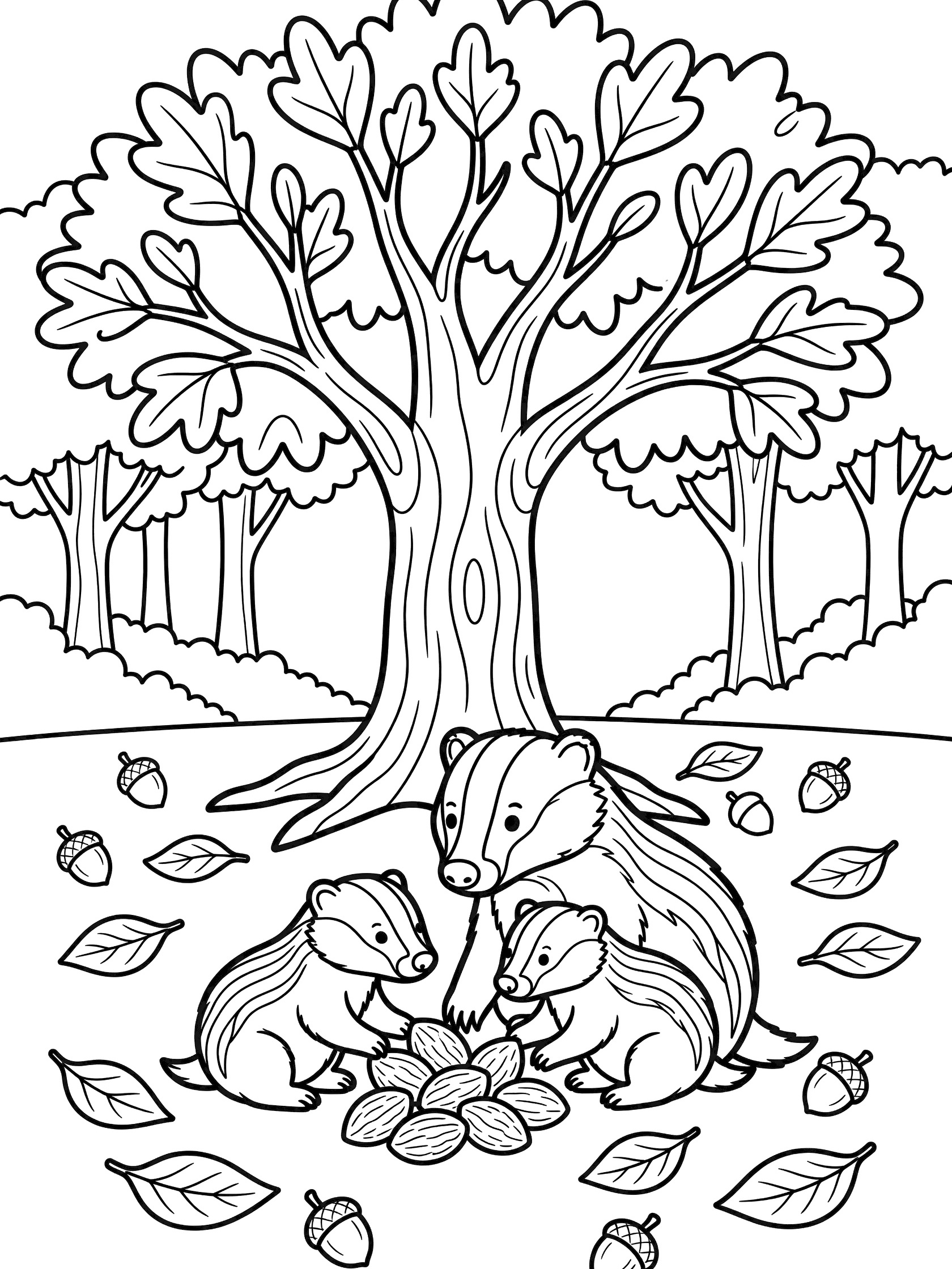Black and white line art of a badger parent and two baby badgers under a large tree, surrounded by acorns and leaves in a forest.