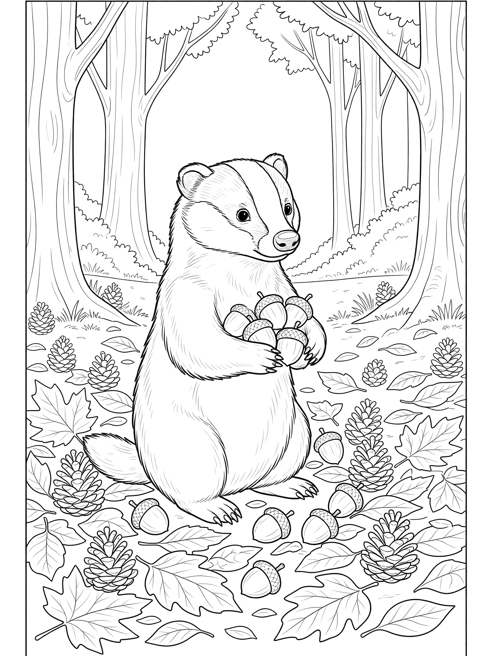 Black and white line art coloring page showing a storybook badger sitting upright holding a pile of acorns in paws, with fallen leaves, pinecones and forest trees.