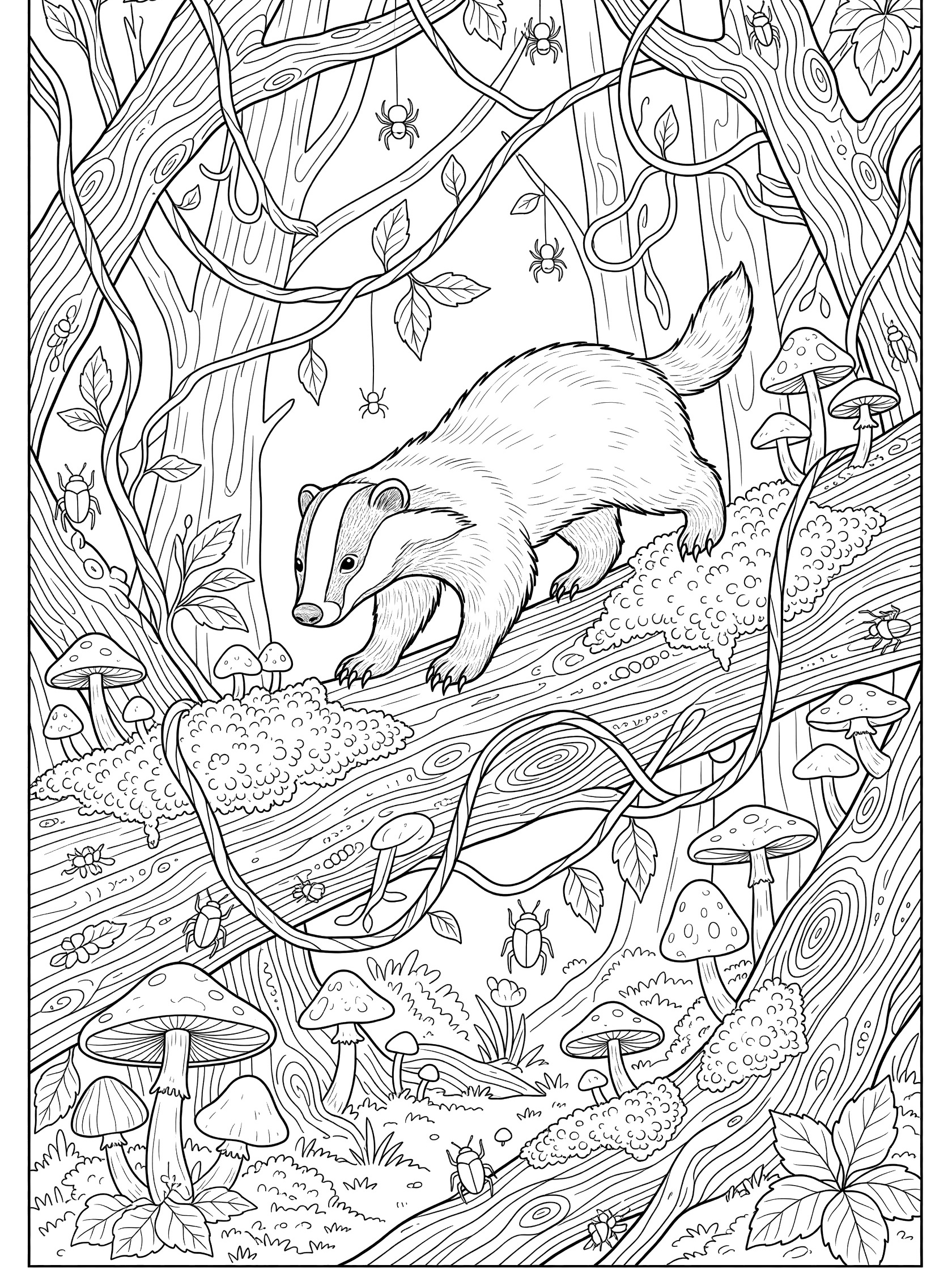 Black and white line art coloring page showing a badger climbing over a mossy fallen log surrounded by forest vines, mushrooms, leaves, spider webs, and small insects.