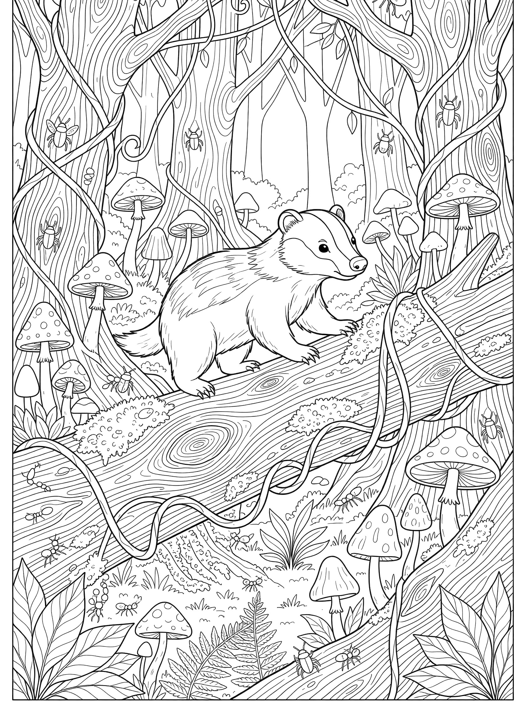Black and white line art coloring page showing a badger on a log surrounded by mushrooms, vines, trees, leaves, ferns, and insects in a forest scene.