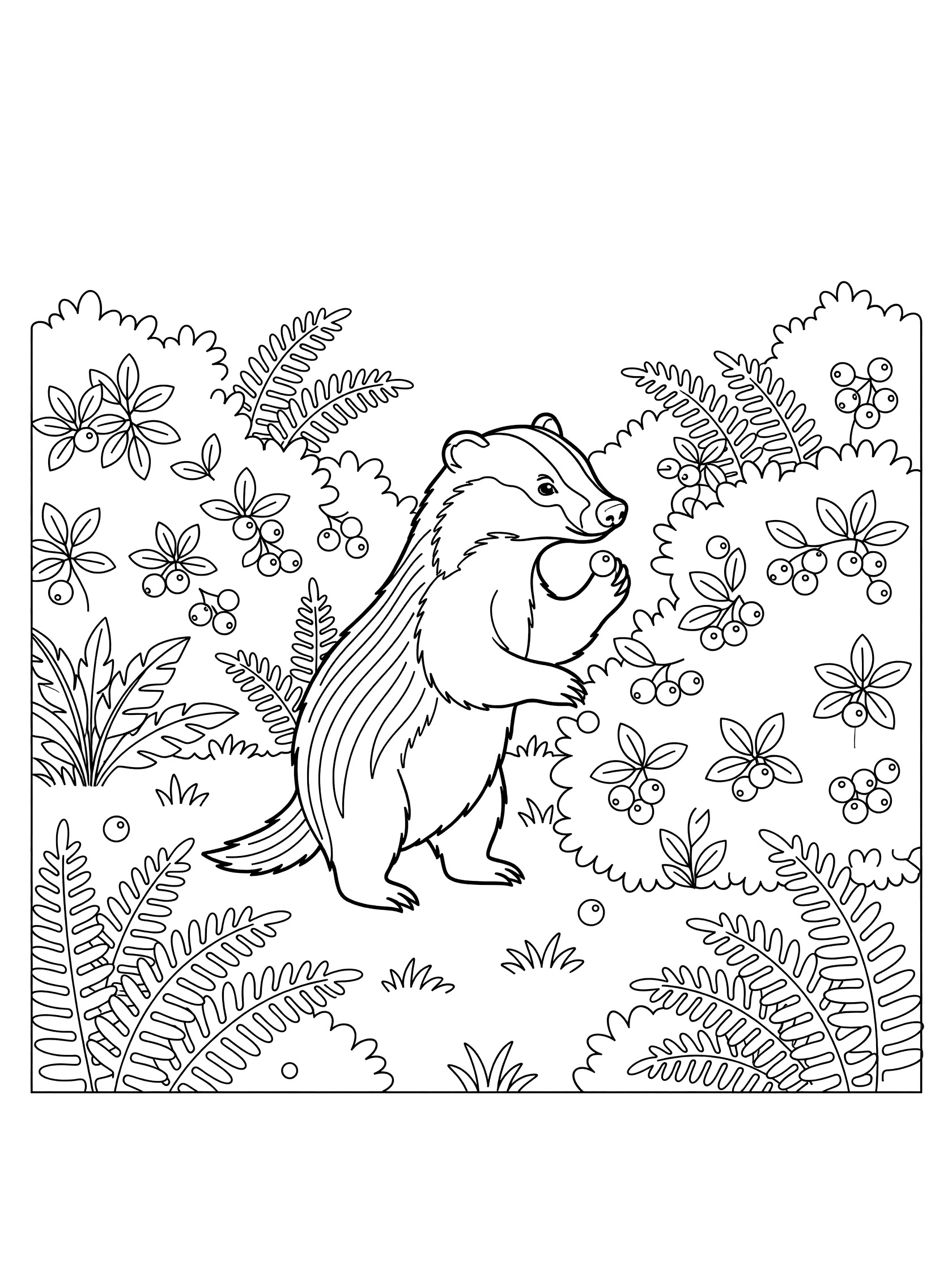 Line art coloring page showing a badger on hind legs holding a berry, sniffing a bush with berries, ferns, bushes, and flowers in a forest clearing, clean black outlines on white background.