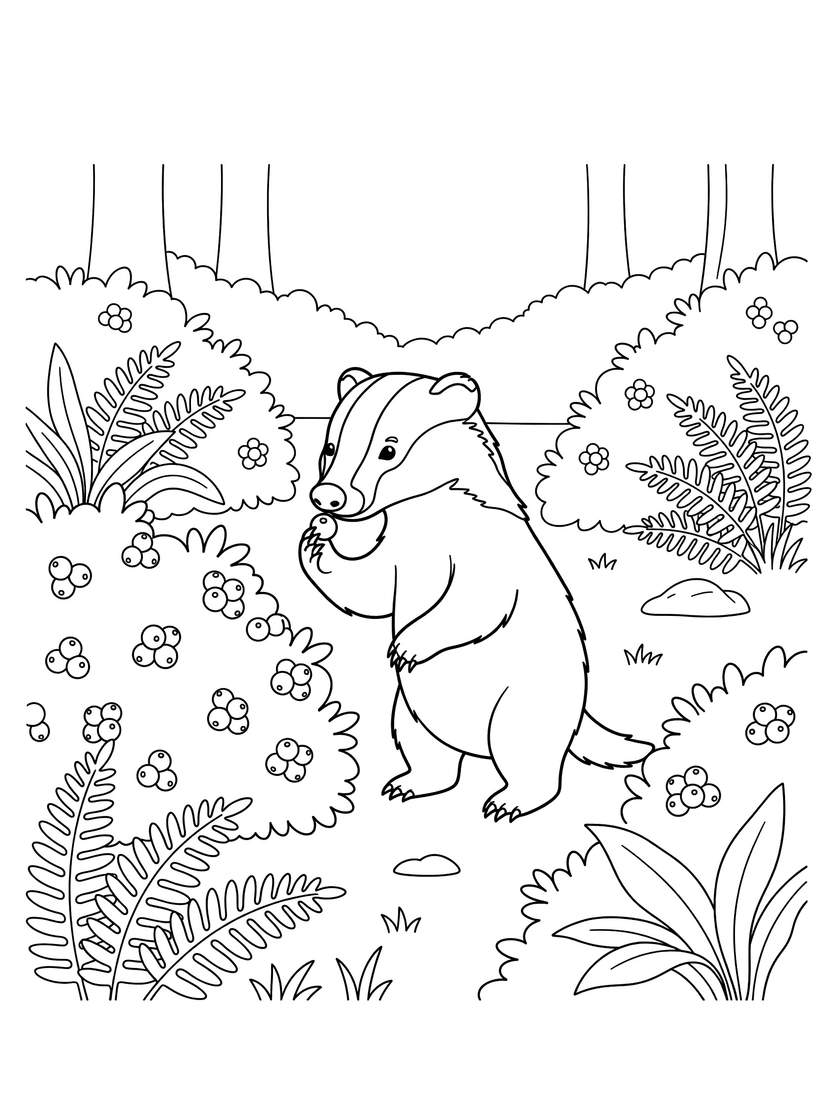 Black and white line art coloring page showing a badger standing on hind legs sniffing flowers surrounded by bushes ferns and forest trees