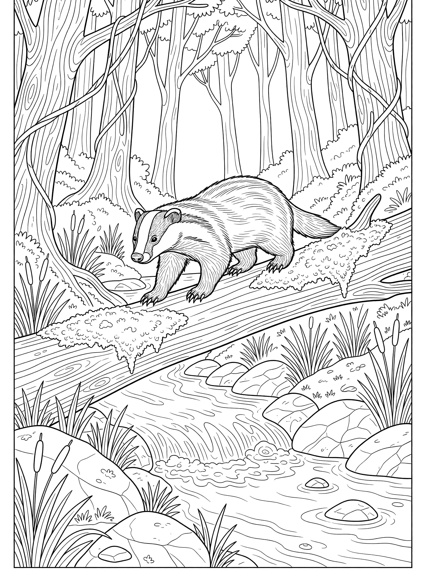 Black and white line art coloring page showing a badger balancing on a fallen log over a stream surrounded by forest trees, rocks, grass, and reeds.