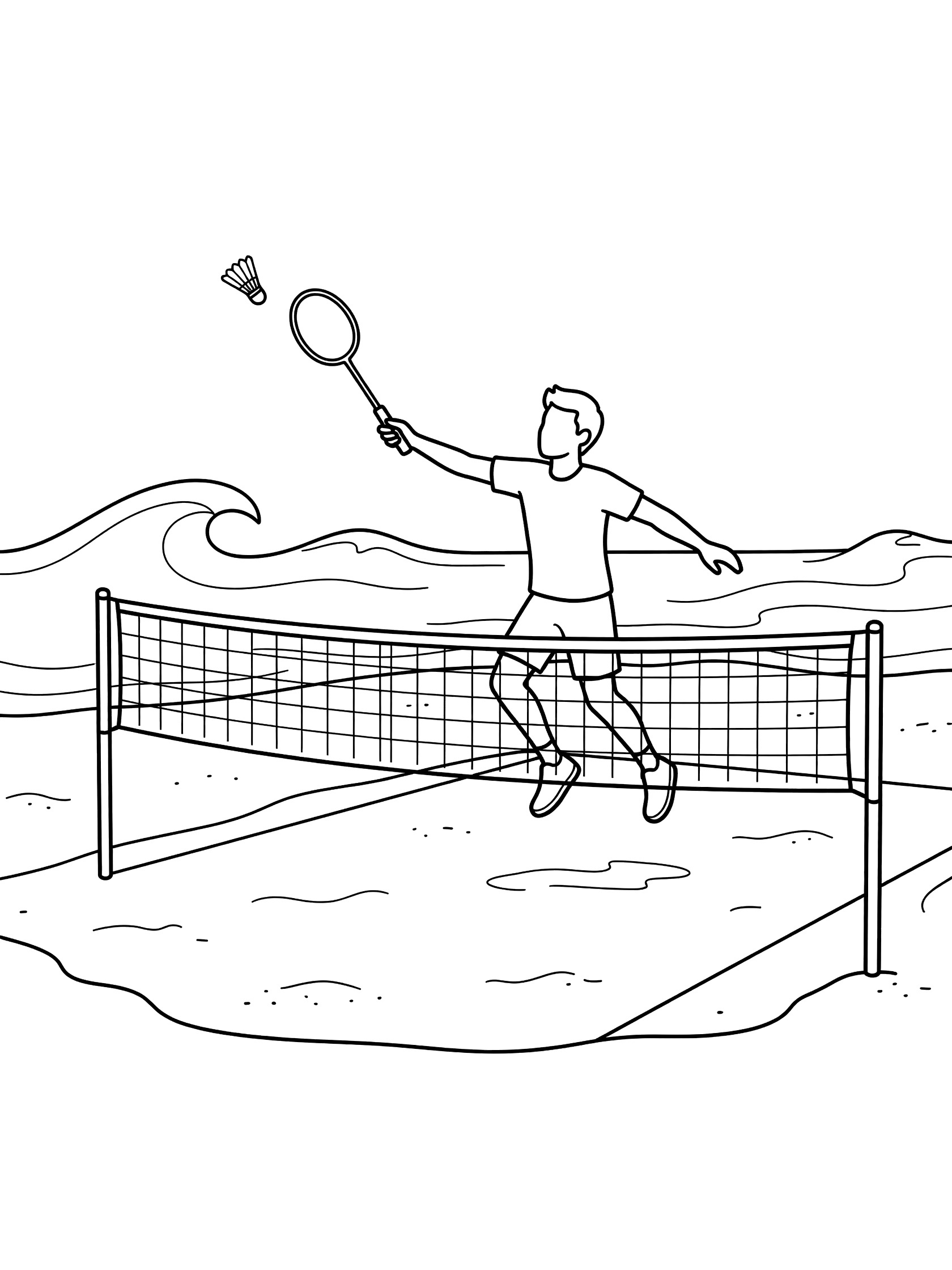 Line art coloring page showing a badminton player leaping playfully on sandy beach court, racket extended to return flying shuttlecock during rally, with net, waves, and pure white background.