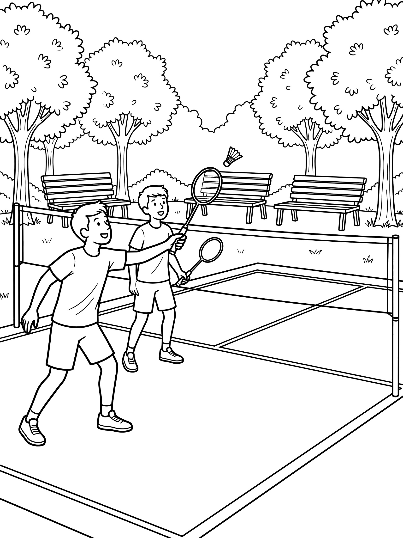 Black-and-white line art of two badminton players rallying the shuttlecock back and forth over the net on a park court with benches and trees.