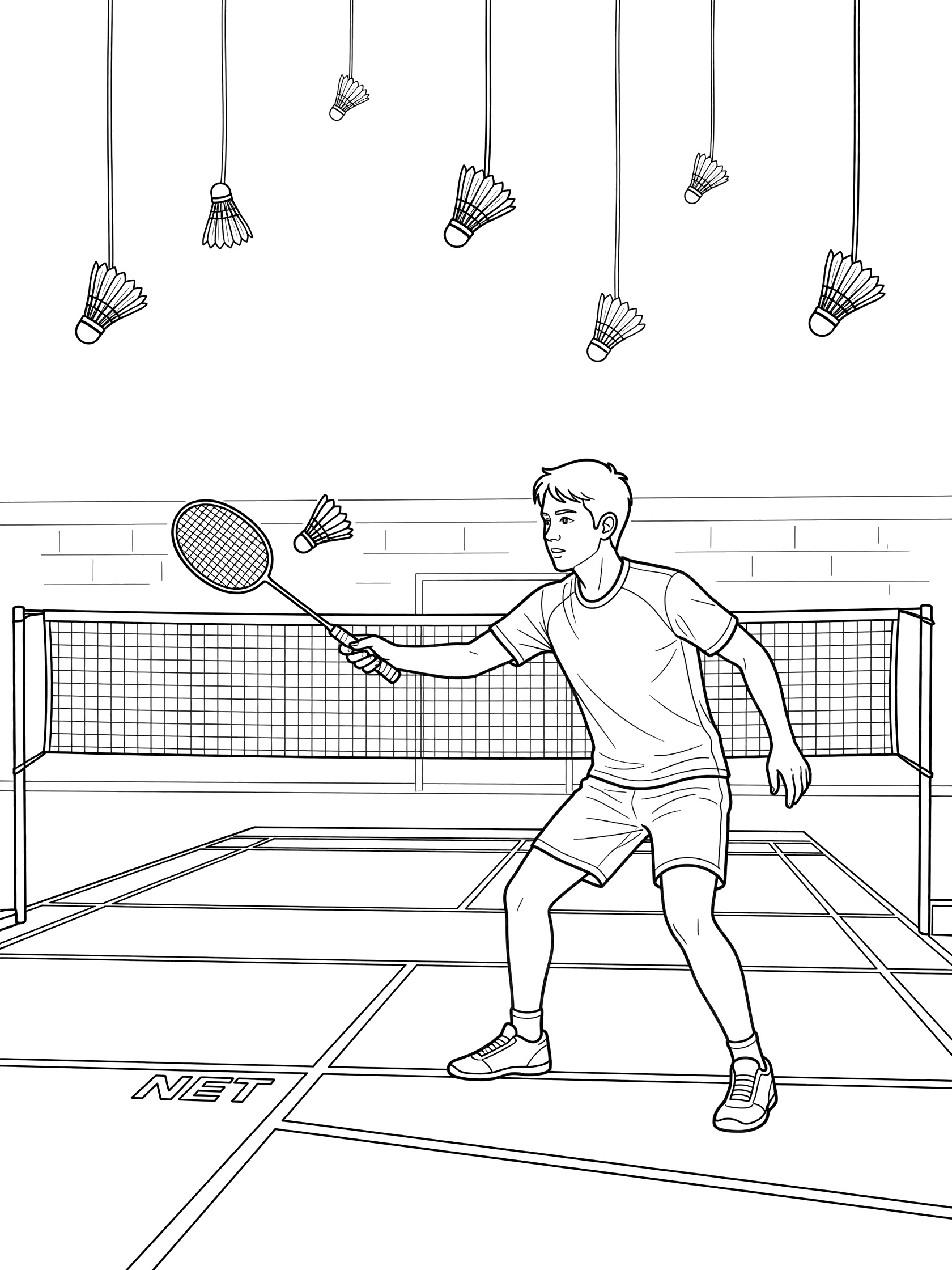 Black and white line art of a badminton player executing a drop shot at the net on a gym court with shuttlecock, racket, and floor markings.