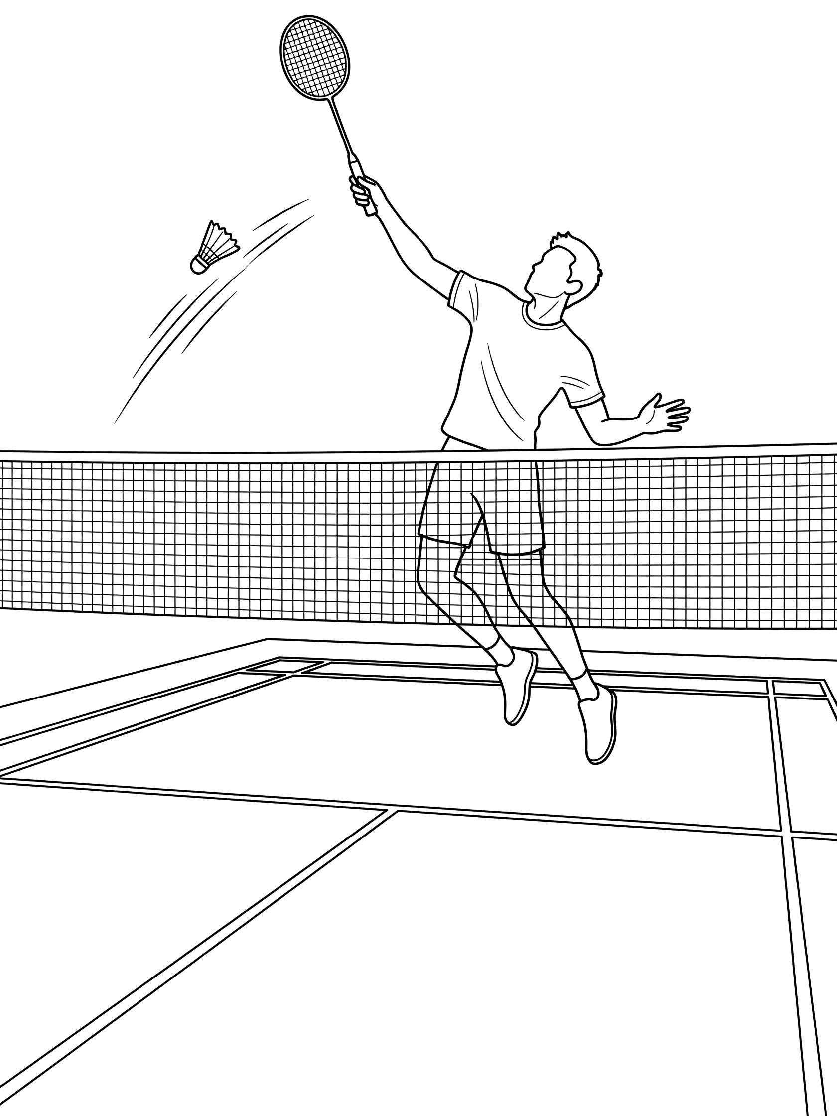 Black and white line art of a badminton player jumping to smash the shuttlecock with racket on indoor court with net and lines
