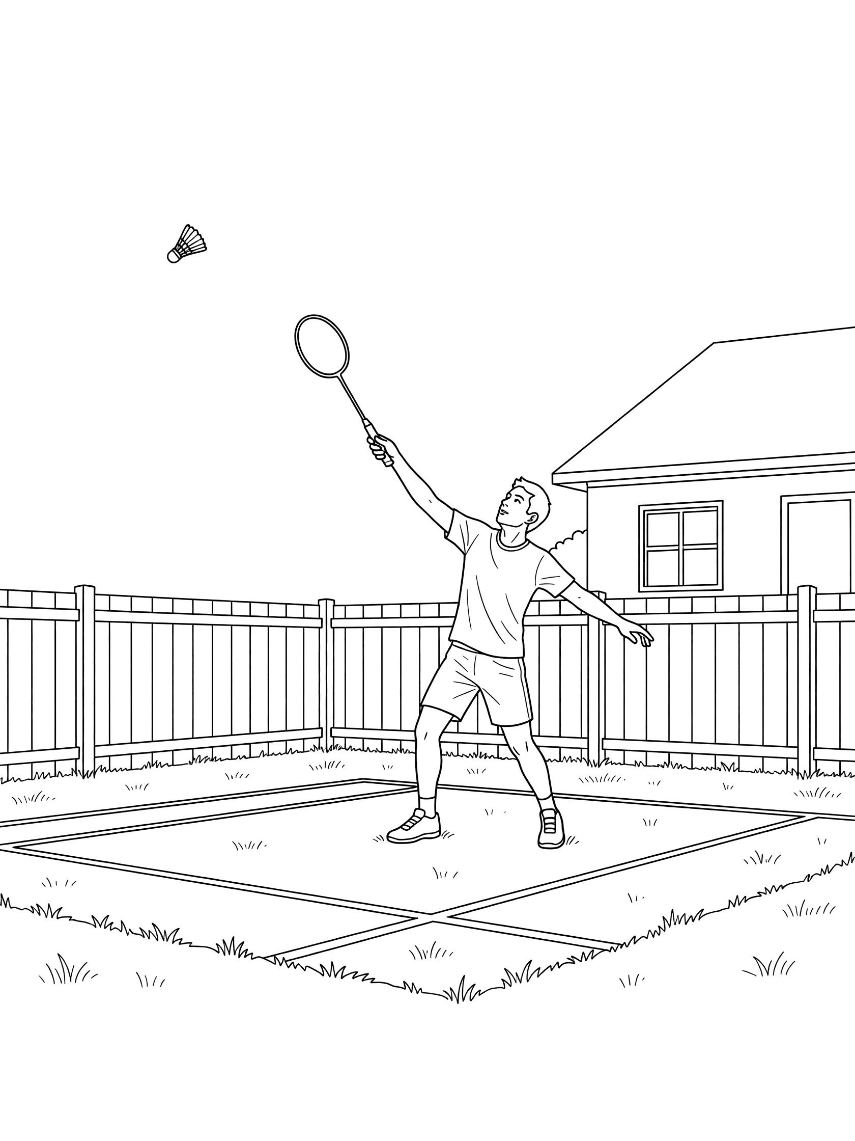 Line art coloring page showing badminton player in backyard court tossing shuttlecock high for powerful serve with full racket swing toward front service line