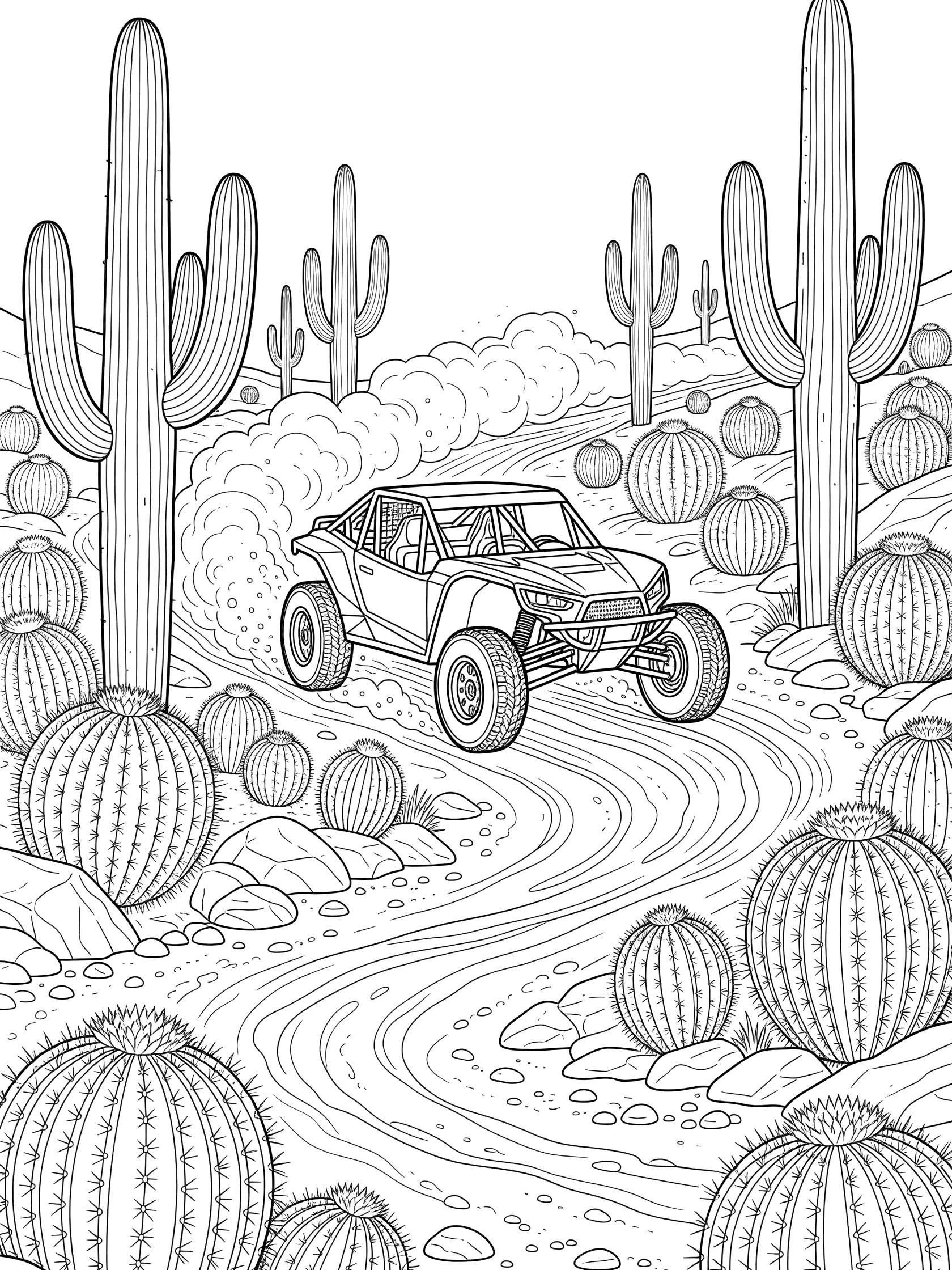 Black-and-white coloring page of a Baja racer vehicle speeding through a trail lined with spiny barrel cacti, kicking up dust.