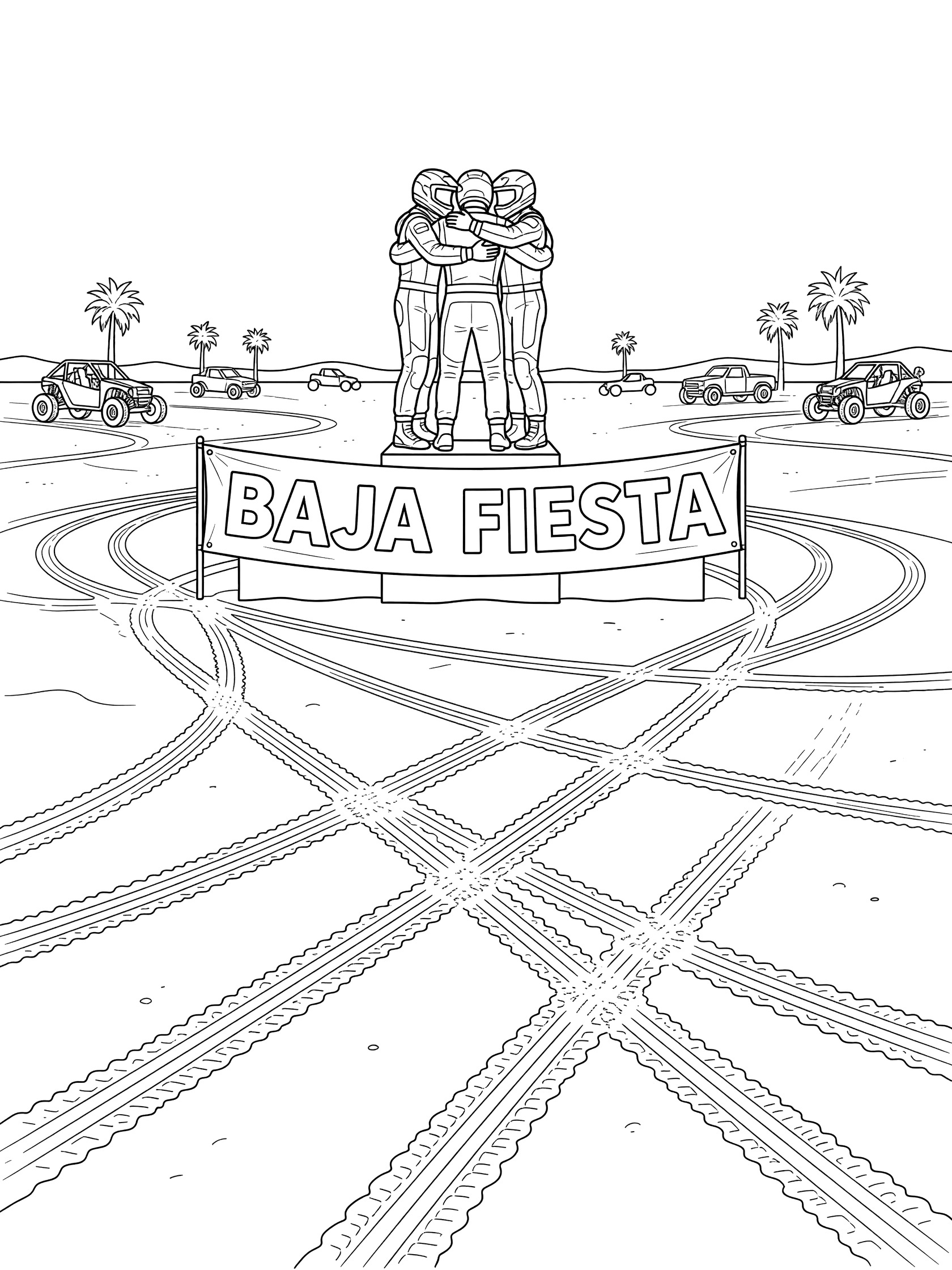 Black and white line art of three helmeted racers in a group hug on elevated Race Podium with Baja Fiesta banner, surrounded by off-road vehicles, palm trees, and desert tire tracks.
