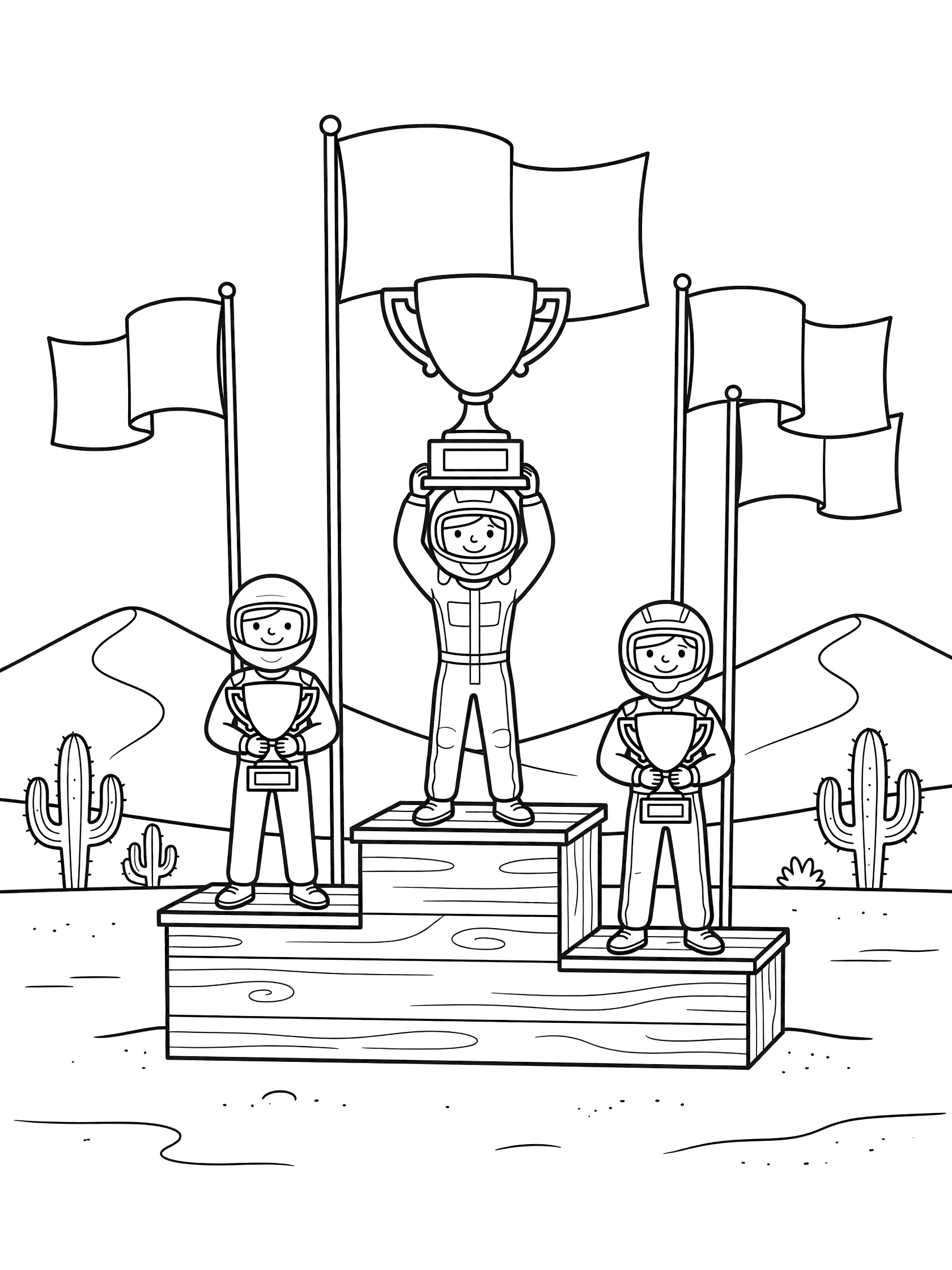 Black and white line art of three racers in helmets on a race podium, holding trophies after Baja race win, with desert dunes, cacti, and waving flags.