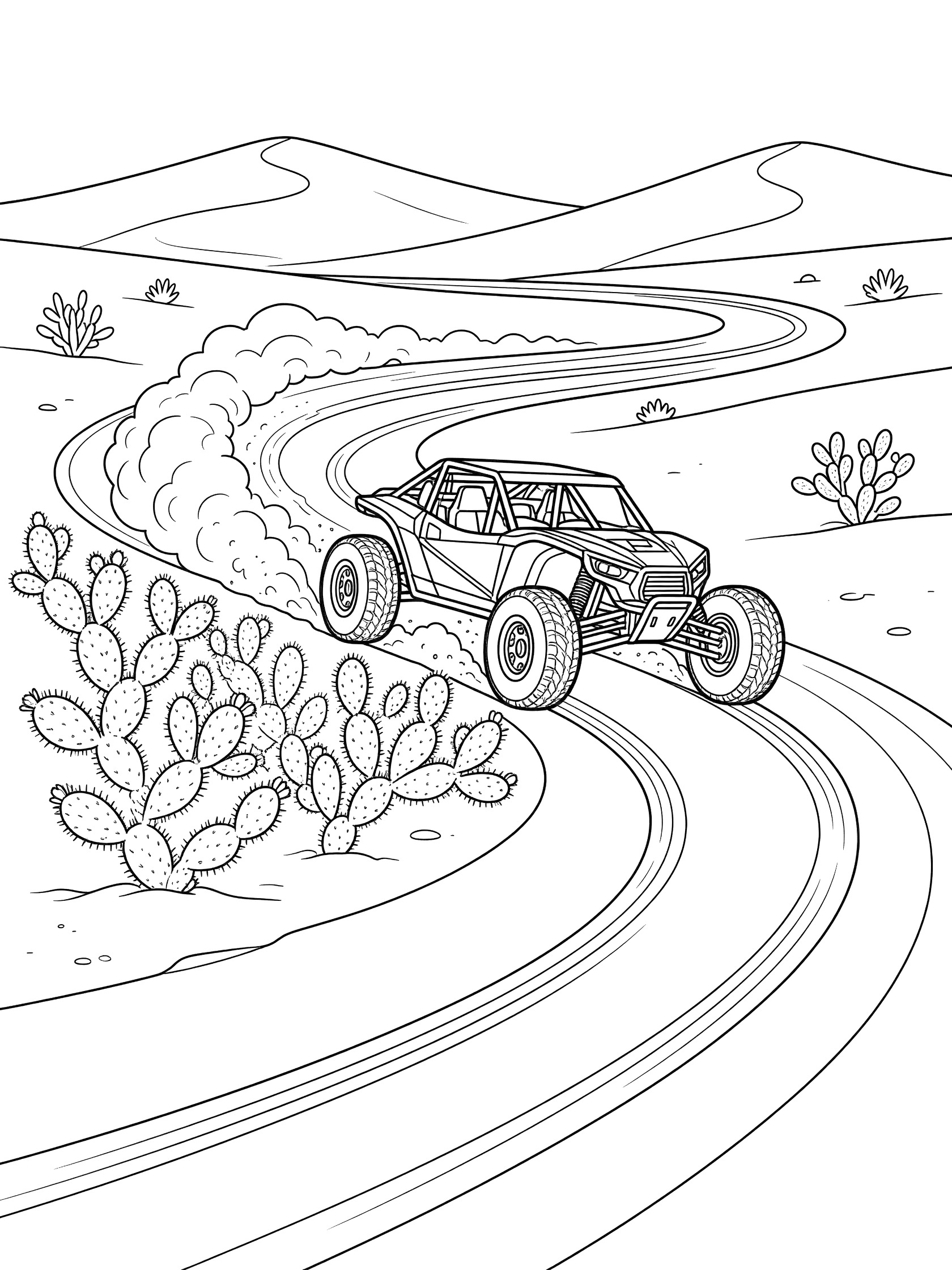 Printable coloring page of off-road race vehicle skidding sharply around cholla cactus patch on desert turn with tire tracks and dunes