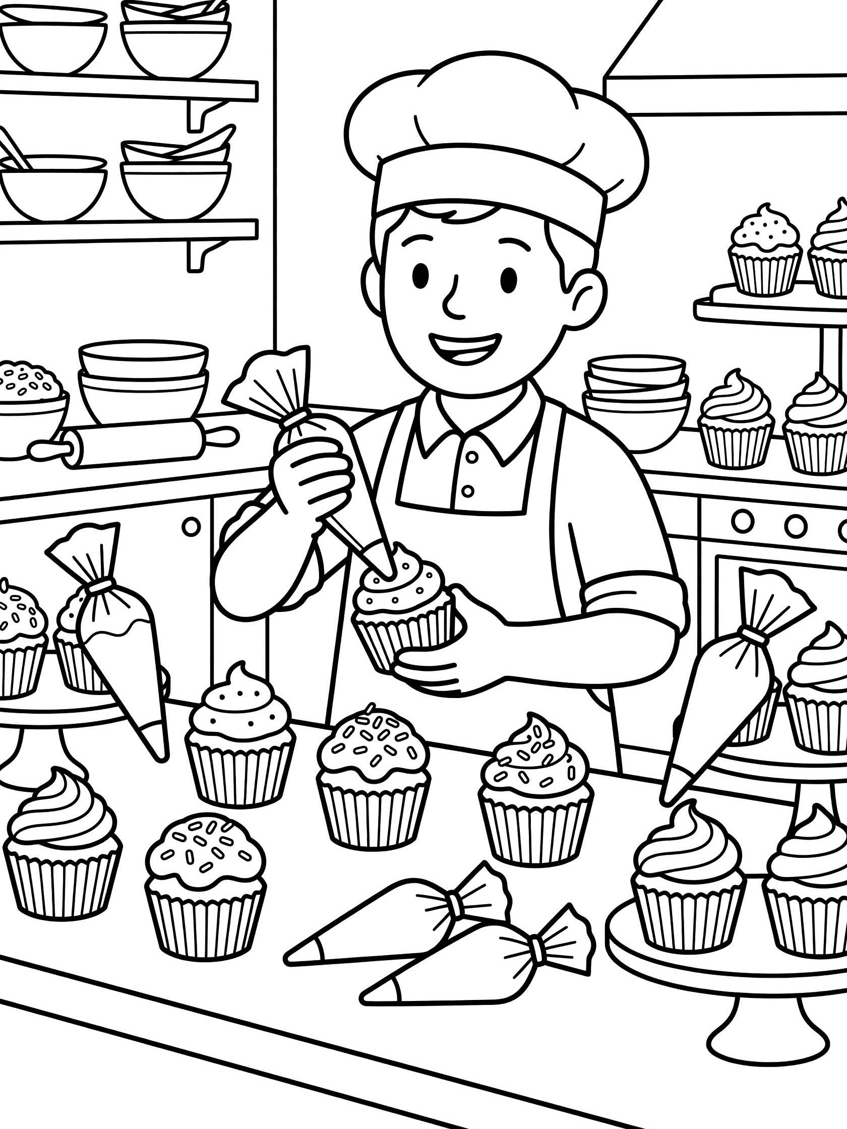 Smiling baker in chef hat and apron decorating cupcakes with piping bag, surrounded by frosting bags, cupcakes, and stands in a bakery kitchen coloring page