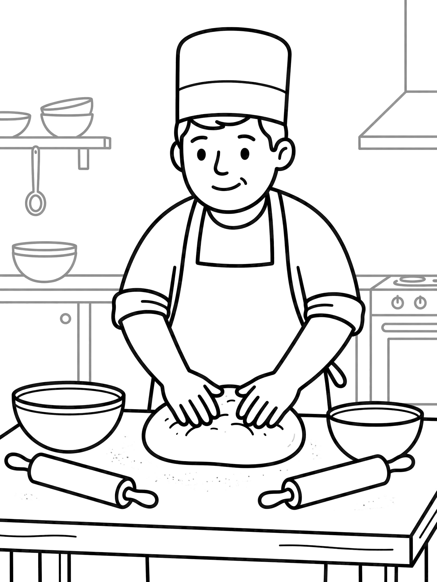 Line art coloring page showing a smiling baker in a chef hat and apron kneading dough at a flour-dusted table with mixing bowls and rolling pins nearby.