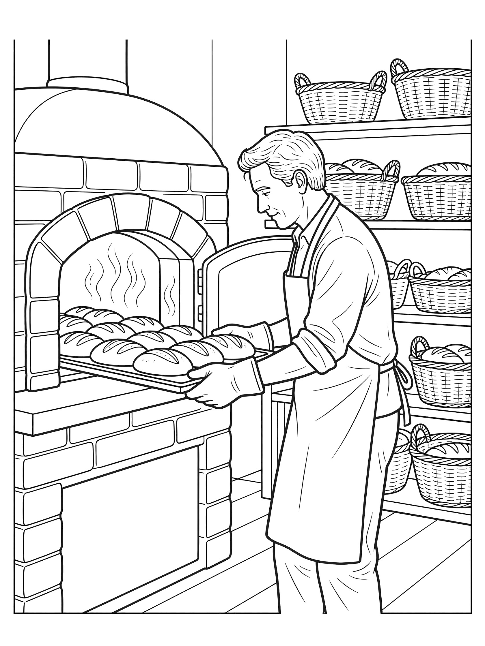 Black and white coloring page of a baker in apron carefully pulling tray of loaves from brick oven with bread baskets on shelves