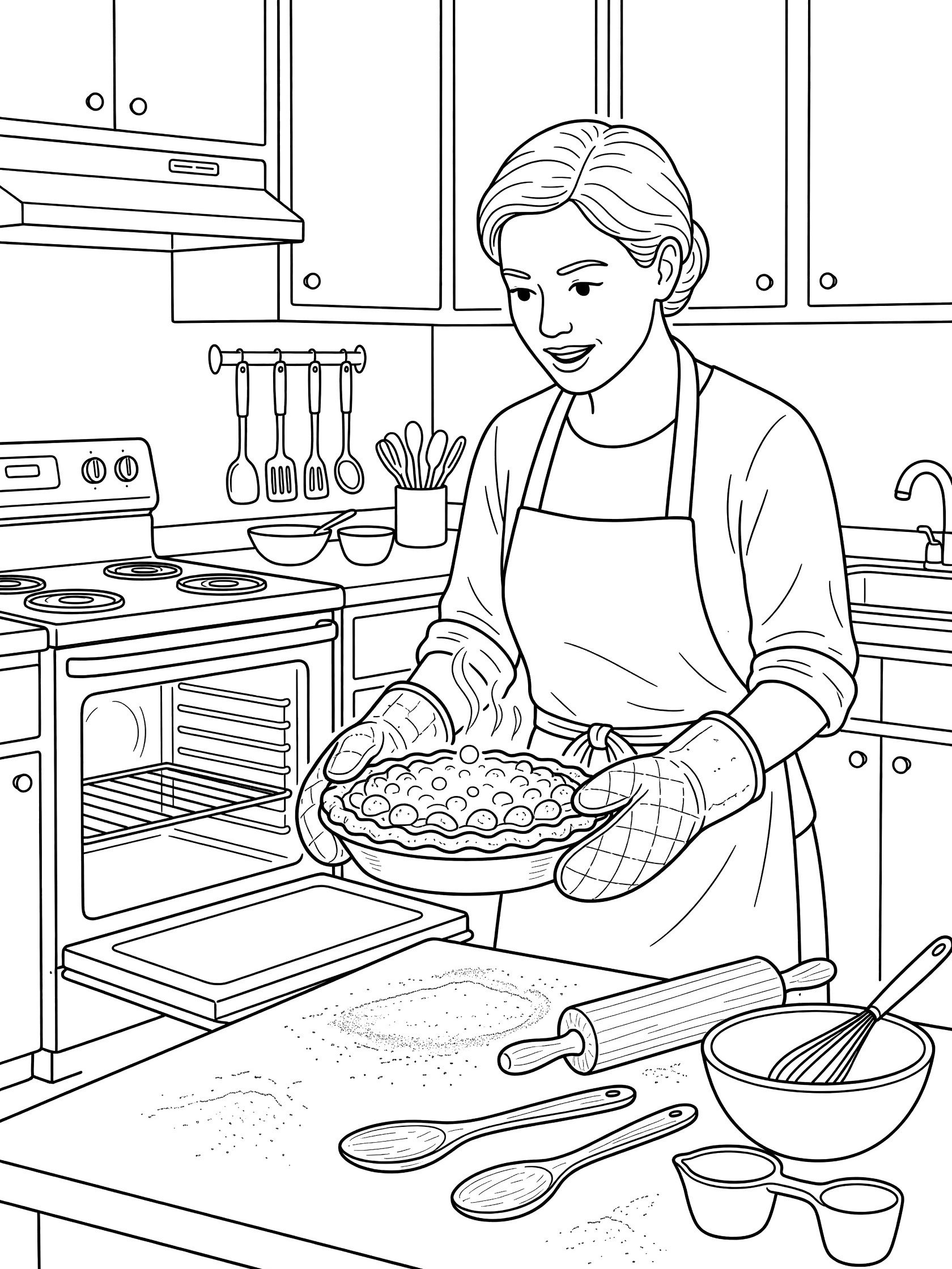 Black-and-white coloring page showing a smiling baker with oven mitts pulling a bubbling fruit pie from the kitchen oven, with counters, rolling pin, and bowls nearby.