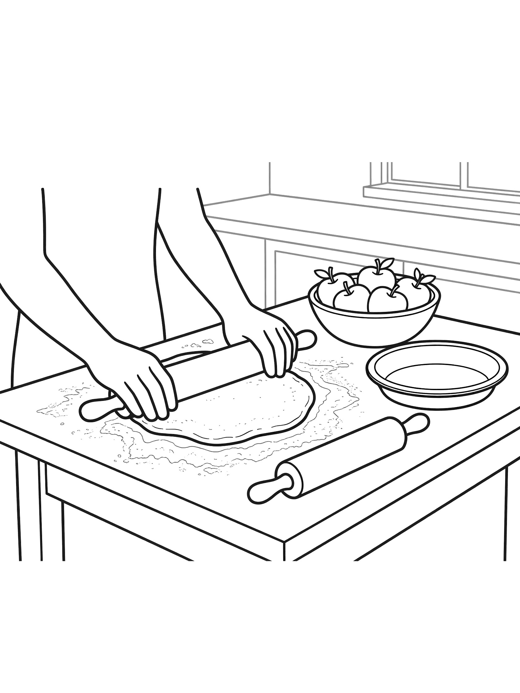 Line art coloring page showing hands rolling dough for pie with bowl of apples, rolling pin, and pie tin on kitchen table