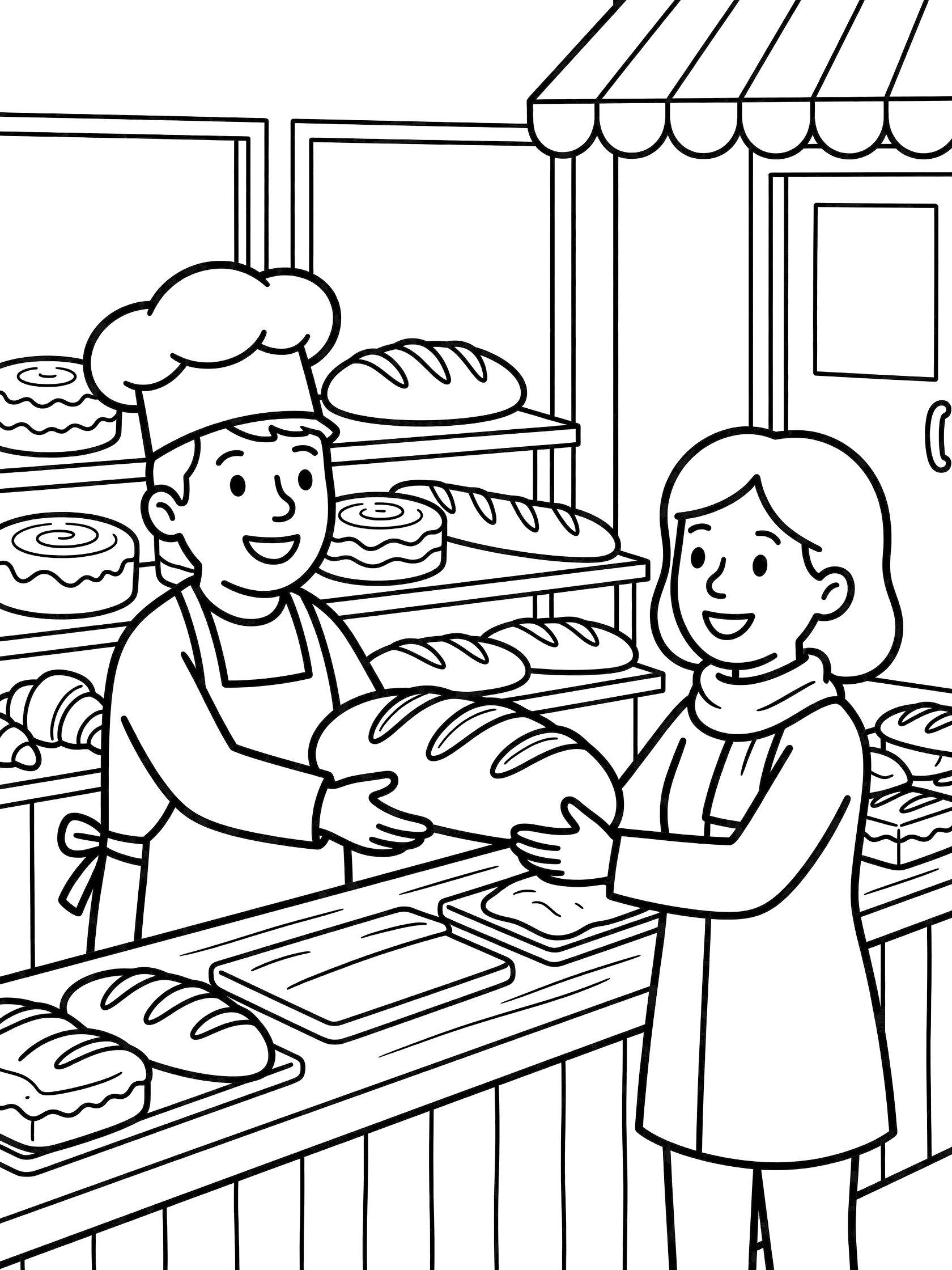 Line drawing of a baker serving a loaf of bread to a smiling customer across the bakery counter with shelves of buns and pastries behind.