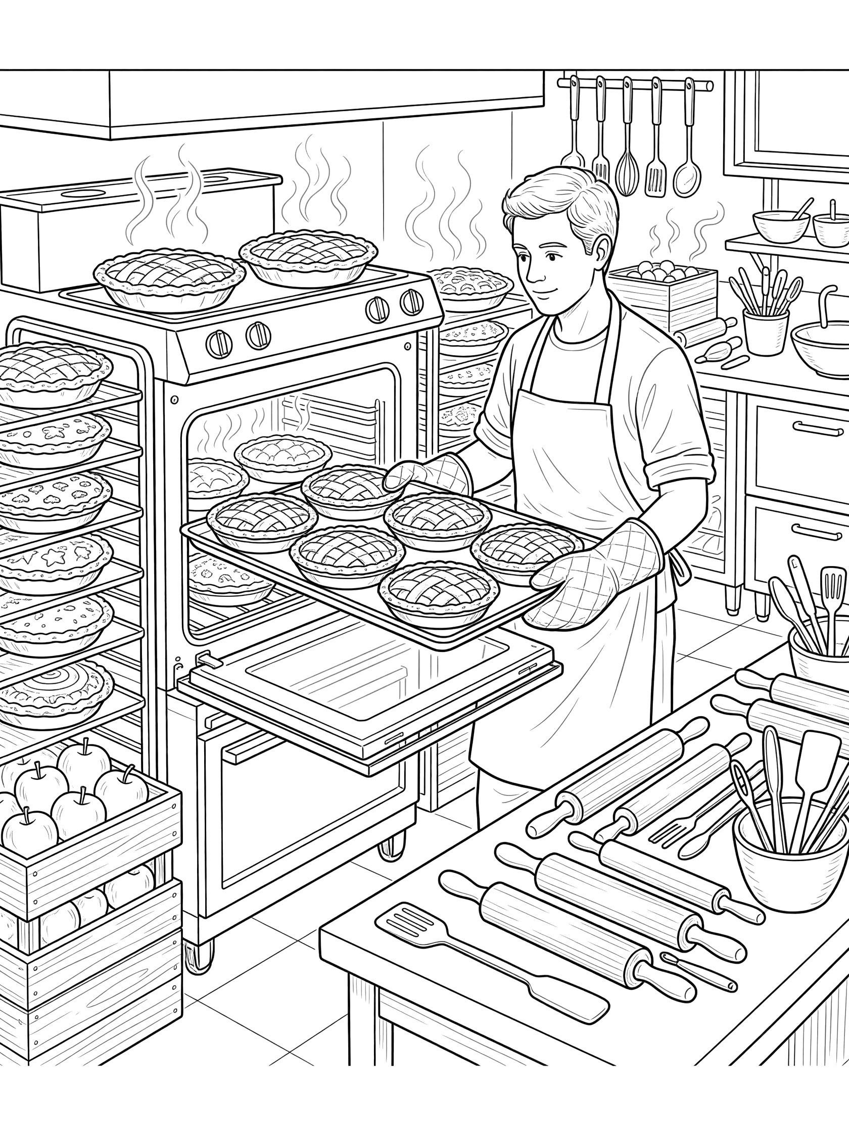 Detailed coloring page showing a smiling baker in apron and oven mitts holding a tray of apple pies from an open oven, with cooling racks, apples, and utensils around the kitchen.