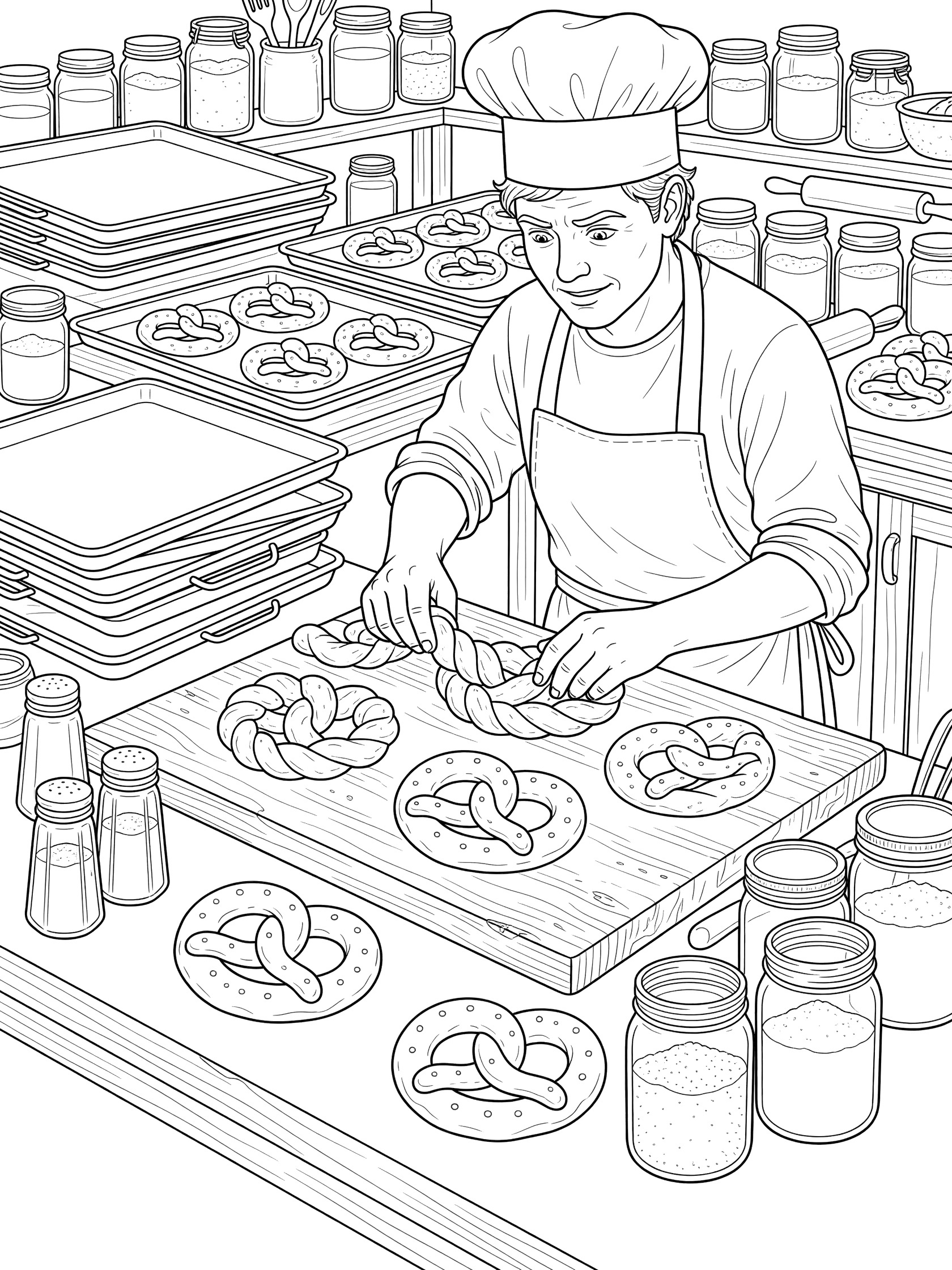 Line art coloring page showing a baker in a chef hat and apron shaping pretzels from dough on a wooden board, with salt shakers, trays, and ingredient jars in the bakery.