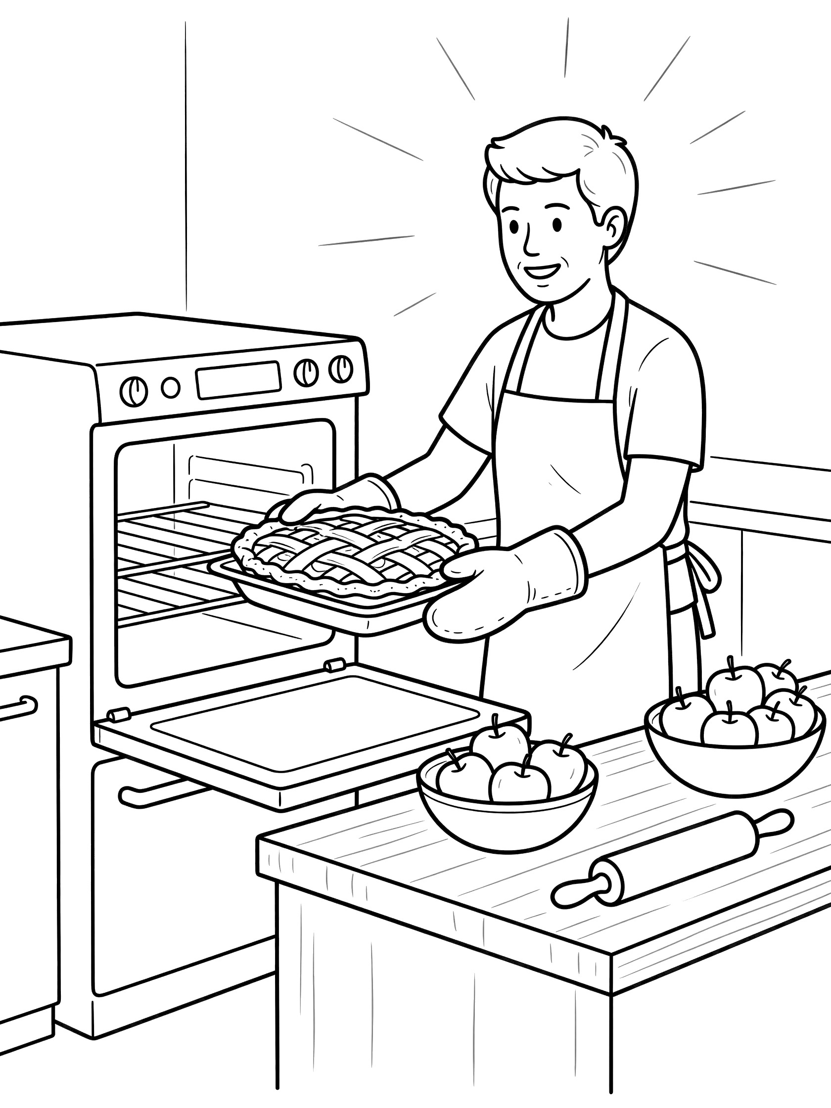 Black-and-white line art coloring page showing a smiling baker wearing an apron and oven mitts, sliding a lattice-top apple pie into a large oven. Bowls of apples and rolling pin on wooden kitchen counter.
