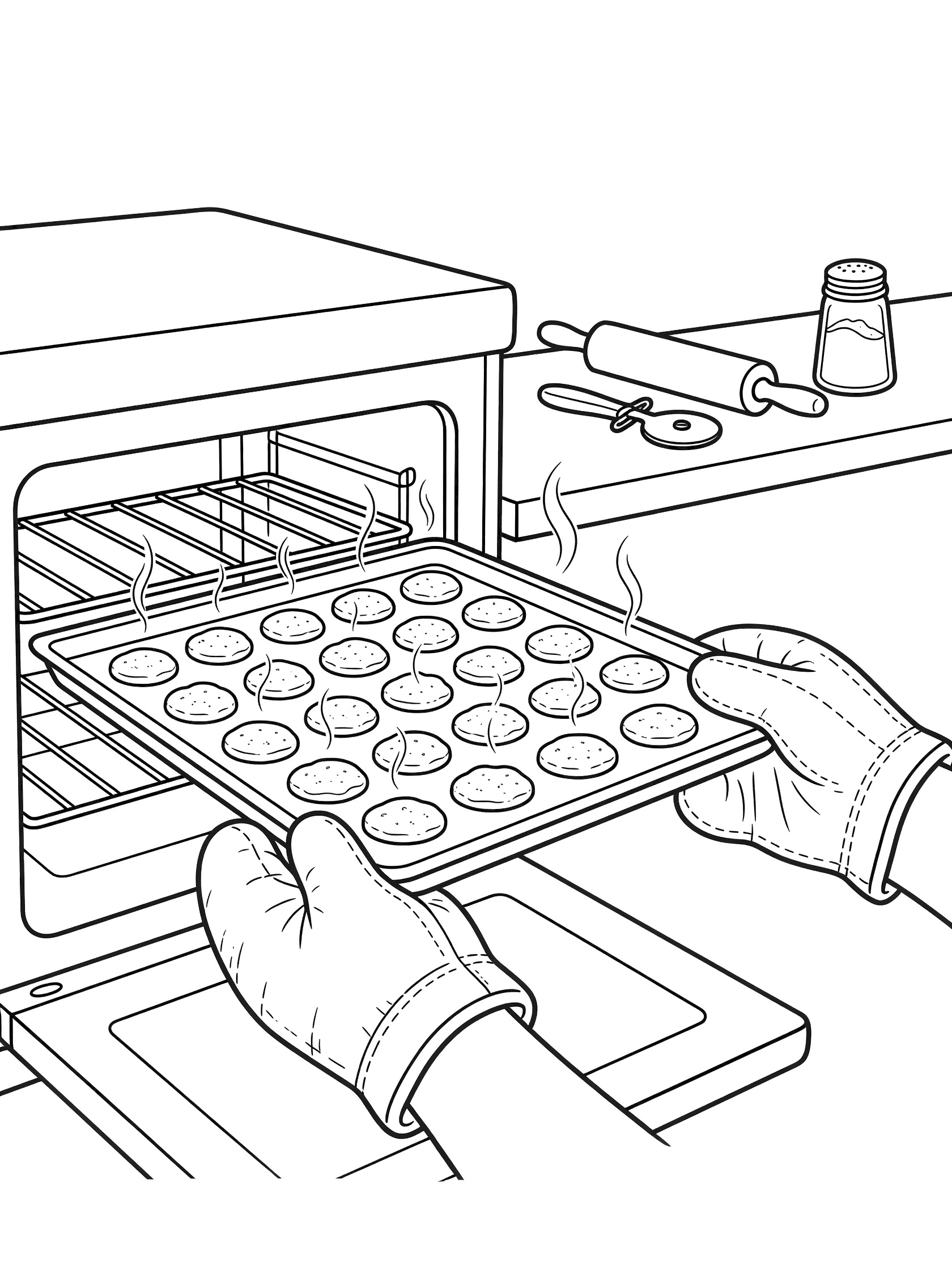 Black and white coloring page of a baking sheet full of round cookies pulled from the oven, held by oven mitts, with steam rising, rolling pin, dough cutter and flour shaker on counter.
