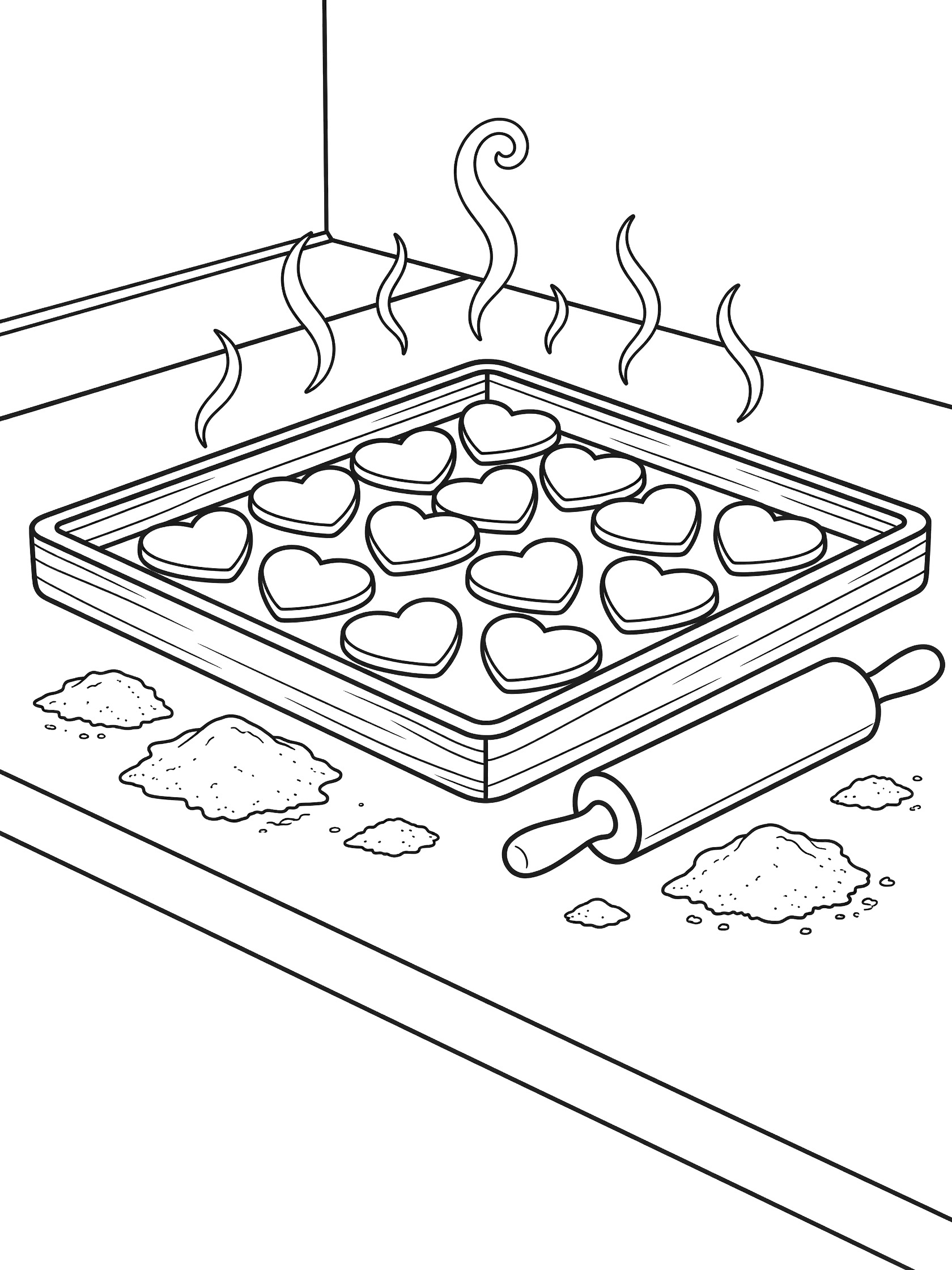 Line art coloring page of wooden baking tray filled with heart cookies, rolling pin, flour dusting on counter, and steam lines for Valentine's Day