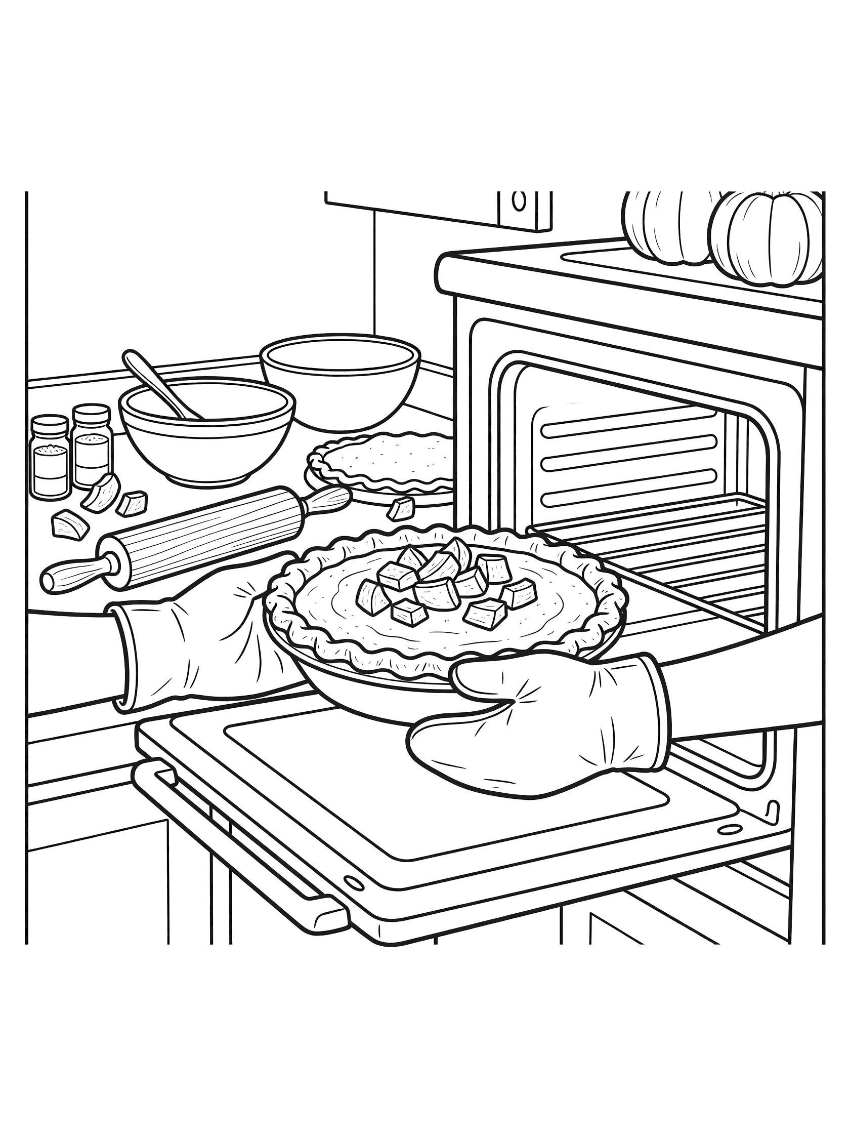 Line art coloring page showing baker's hands with oven mitts putting pumpkin pie in oven, with bowls, rolling pin, spices, and pumpkin pieces nearby for Thanksgiving.